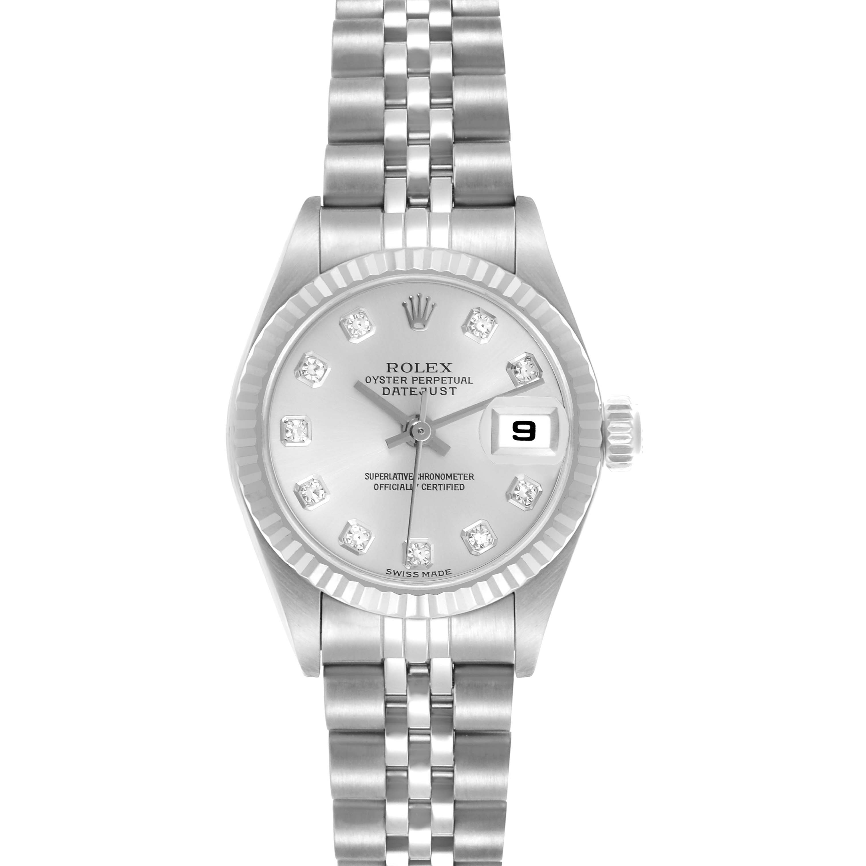 The Rolex Datejust 79174 Women's Stainless Steel Silver Dial 79174 Women's Stainless Steel Silver Dial watch is shown from a top-down angle, displaying the dial, bezel, and bracelet.