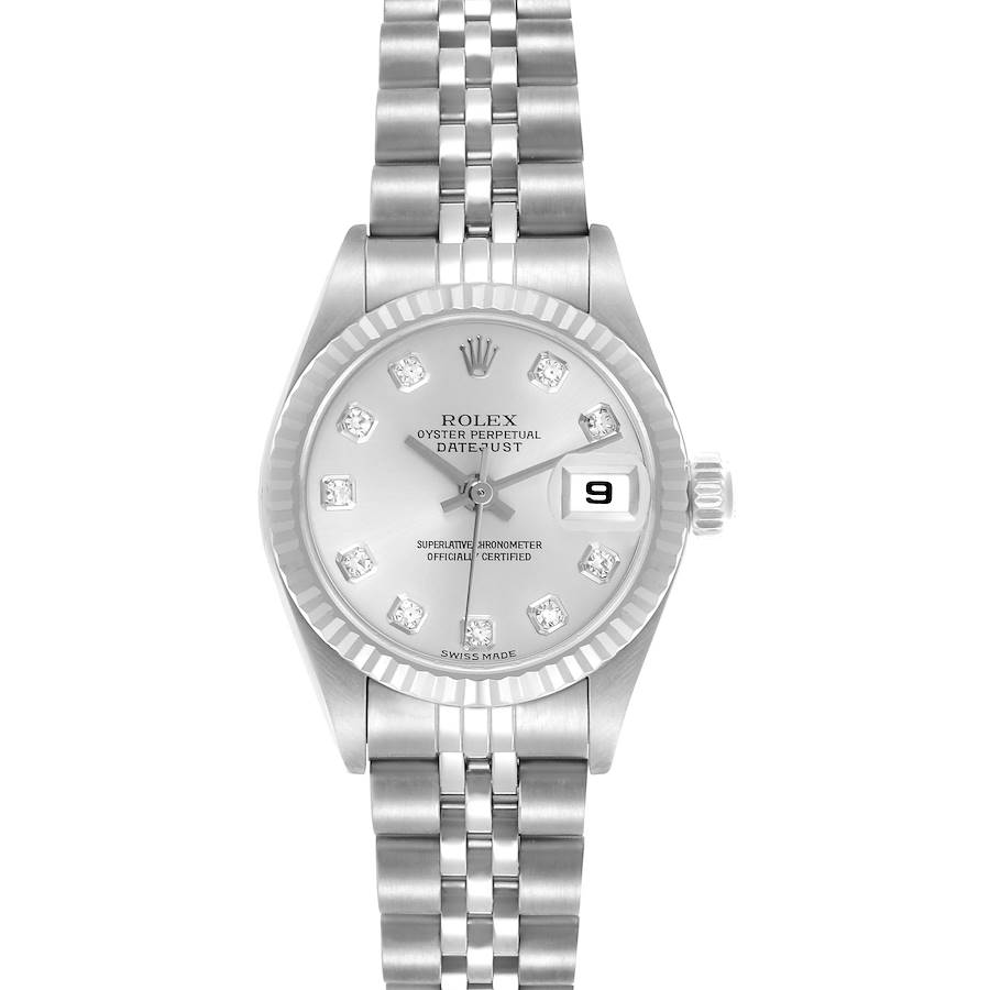 The Rolex Datejust watch is shown from a top-down angle, displaying the dial, bezel, and bracelet.