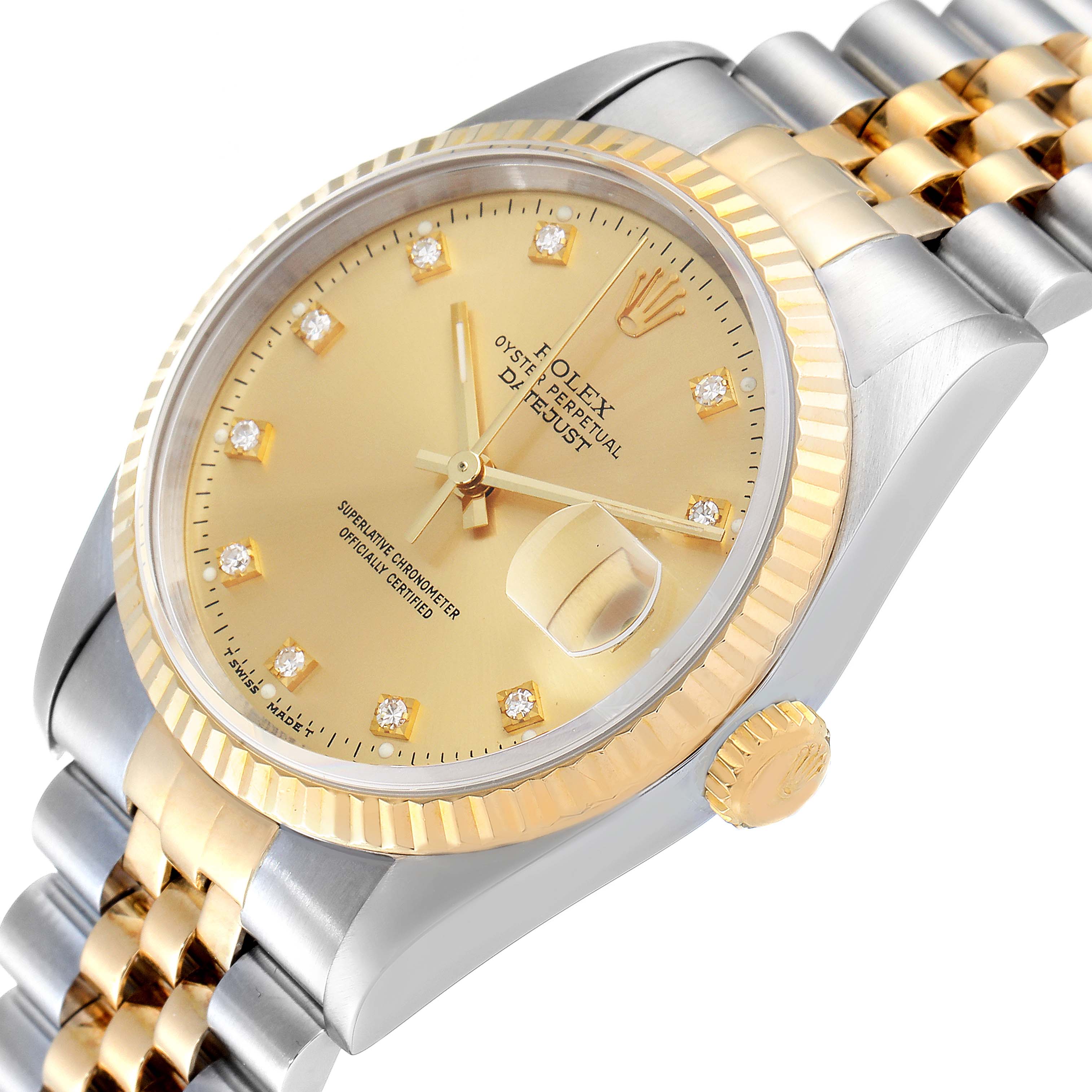 The image shows a top angle of a Rolex Datejust 16233 Men
s Steel and Gold (two tone) Champagne Dial 16233 Men
s Steel and Gold (two tone) Champagne Dial watch, highlighting the dial, bezel, crown, and bracelet.