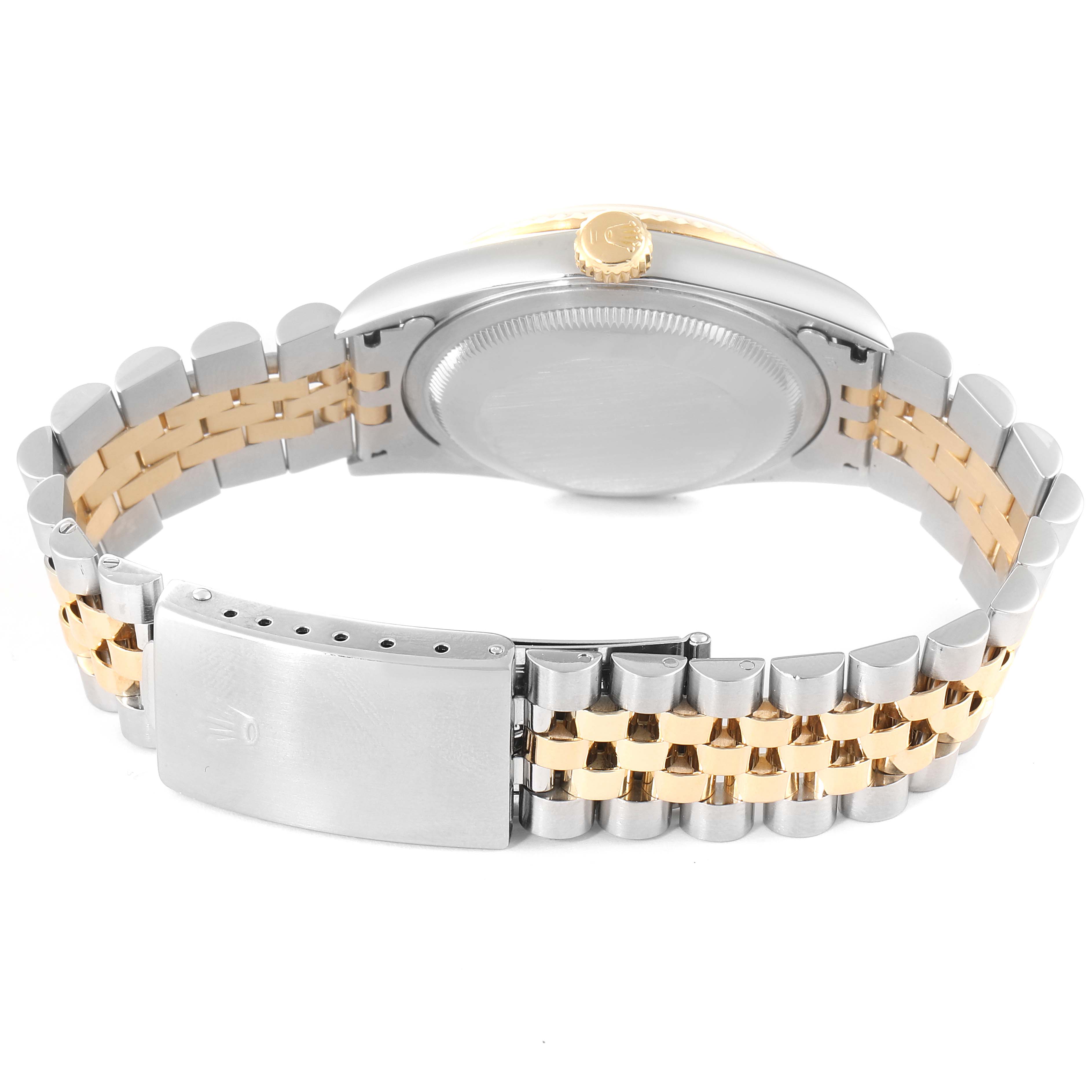 This image shows the back view of a Rolex Datejust 16233 Men
s Steel and Gold (two tone) Champagne Dial 16233 Men
s Steel and Gold (two tone) Champagne Dial watch, highlighting the stainless steel and gold bracelet and clasp.