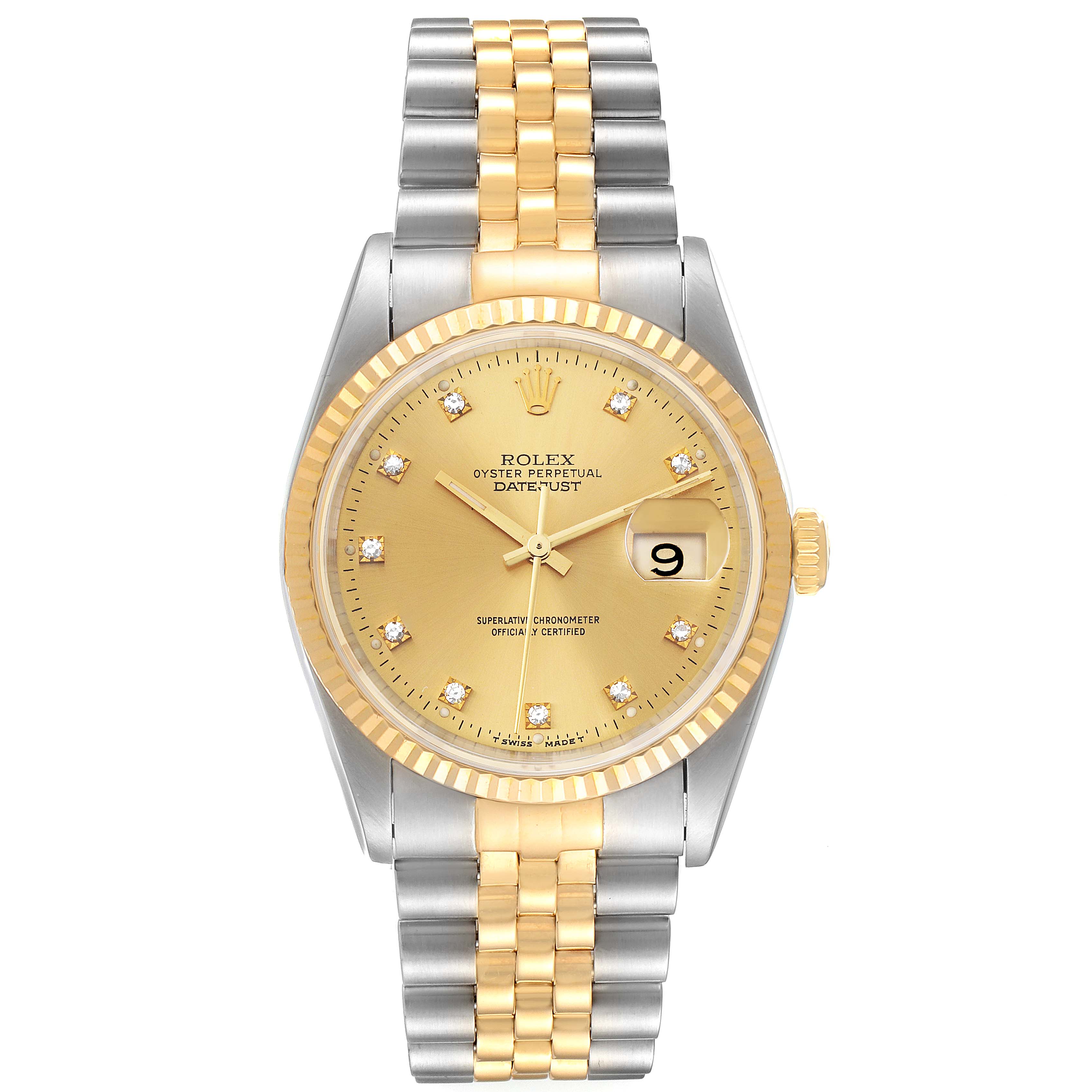 The image shows a front view of a Rolex Datejust 16233 Men
s Steel and Gold (two tone) Champagne Dial 16233 Men
s Steel and Gold (two tone) Champagne Dial watch, highlighting its dial, bezel, and two-tone bracelet.
