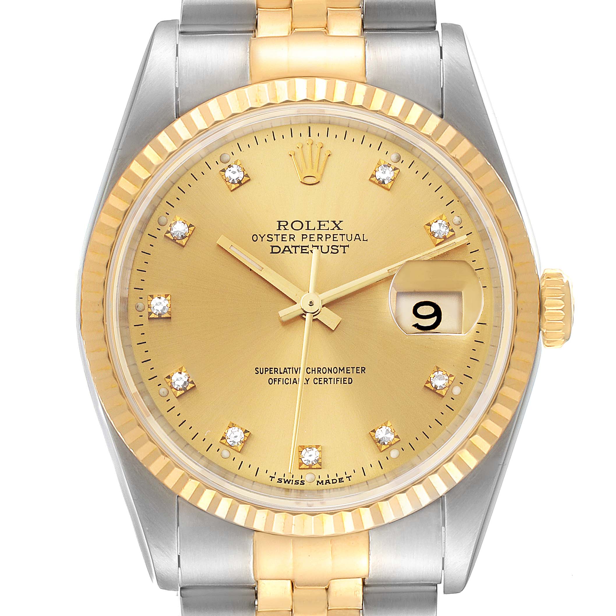 This image, taken from a frontal angle, shows the face and part of the bracelet of a Rolex Datejust 16233 Men
s Steel and Gold (two tone) Champagne Dial 16233 Men
s Steel and Gold (two tone) Champagne Dial watch.