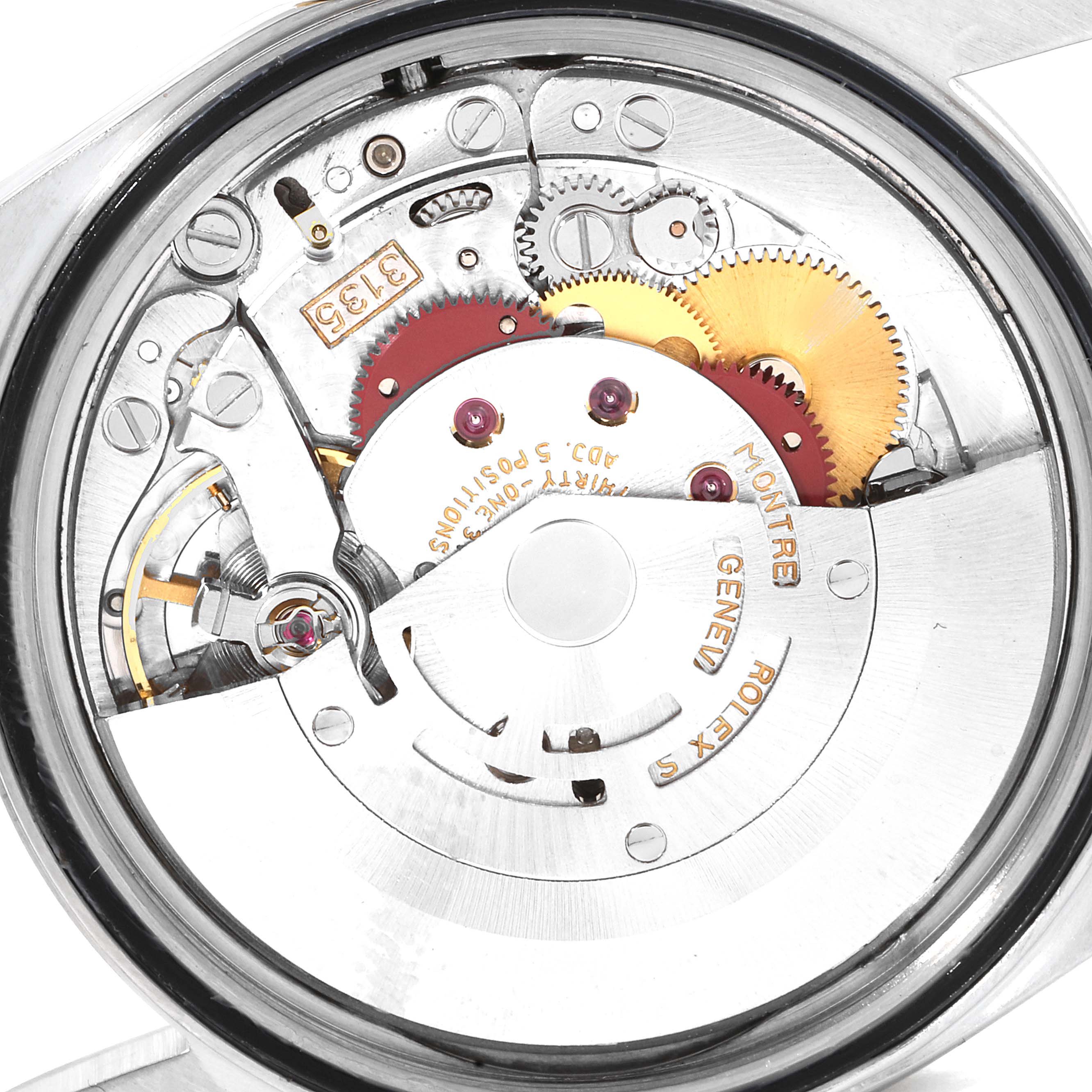 The image shows the internal mechanical movement of a Rolex Datejust 16233 Men
s Steel and Gold (two tone) Champagne Dial 16233 Men
s Steel and Gold (two tone) Champagne Dial watch viewed from the back.