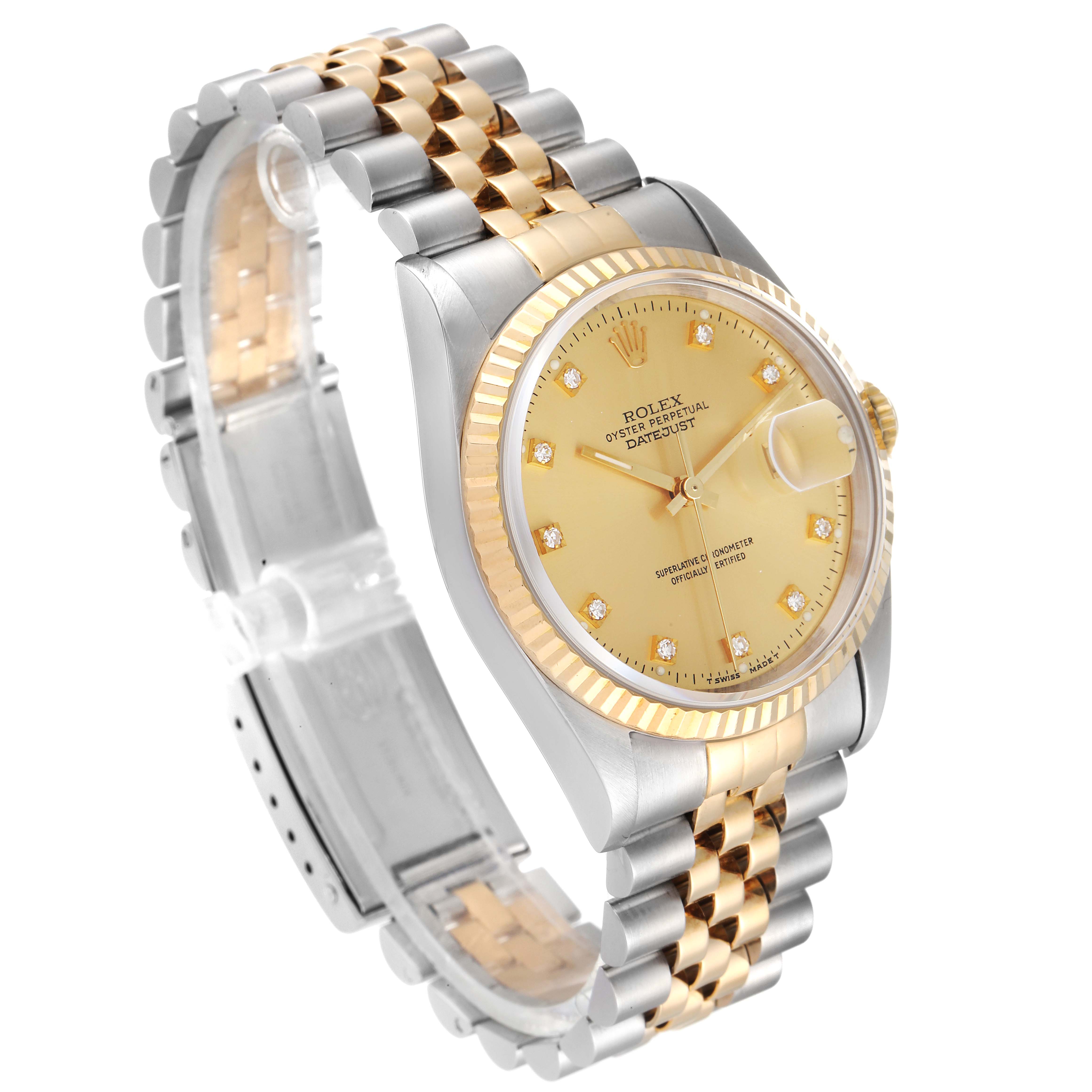 The Rolex Datejust 16233 Men
s Steel and Gold (two tone) Champagne Dial 16233 Men
s Steel and Gold (two tone) Champagne Dial model watch is shown at a three-quarter angle, highlighting the dial, bezel, and Jubilee bracelet.