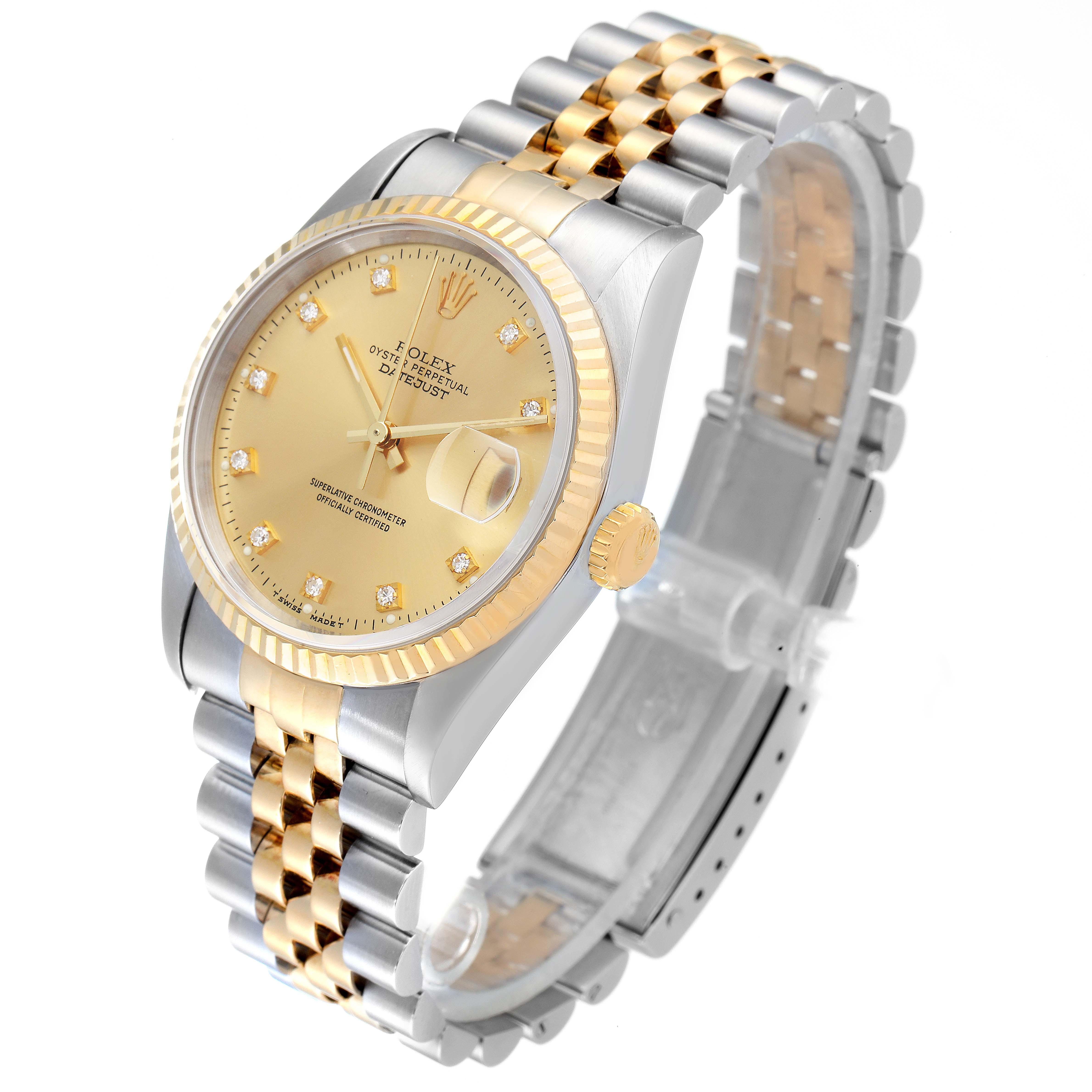 The image shows a side angle of the Rolex Datejust 16233 Men
s Steel and Gold (two tone) Champagne Dial 16233 Men
s Steel and Gold (two tone) Champagne Dial watch, highlighting its gold and silver jubilee bracelet, dial, crown, and bezel.