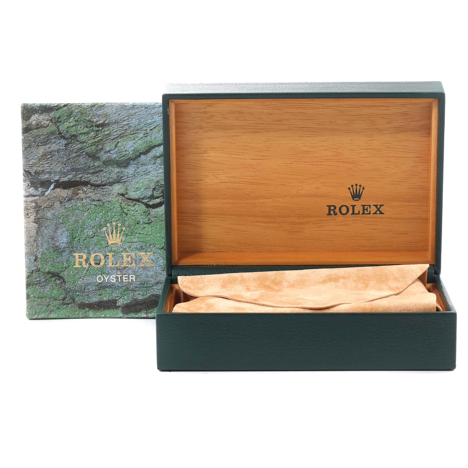 The image shows a Rolex Datejust 16233 Men
s Steel and Gold (two tone) Champagne Dial 16233 Men
s Steel and Gold (two tone) Champagne Dial watch box and cover, positioned at eye level, revealing the interior and exterior designs.