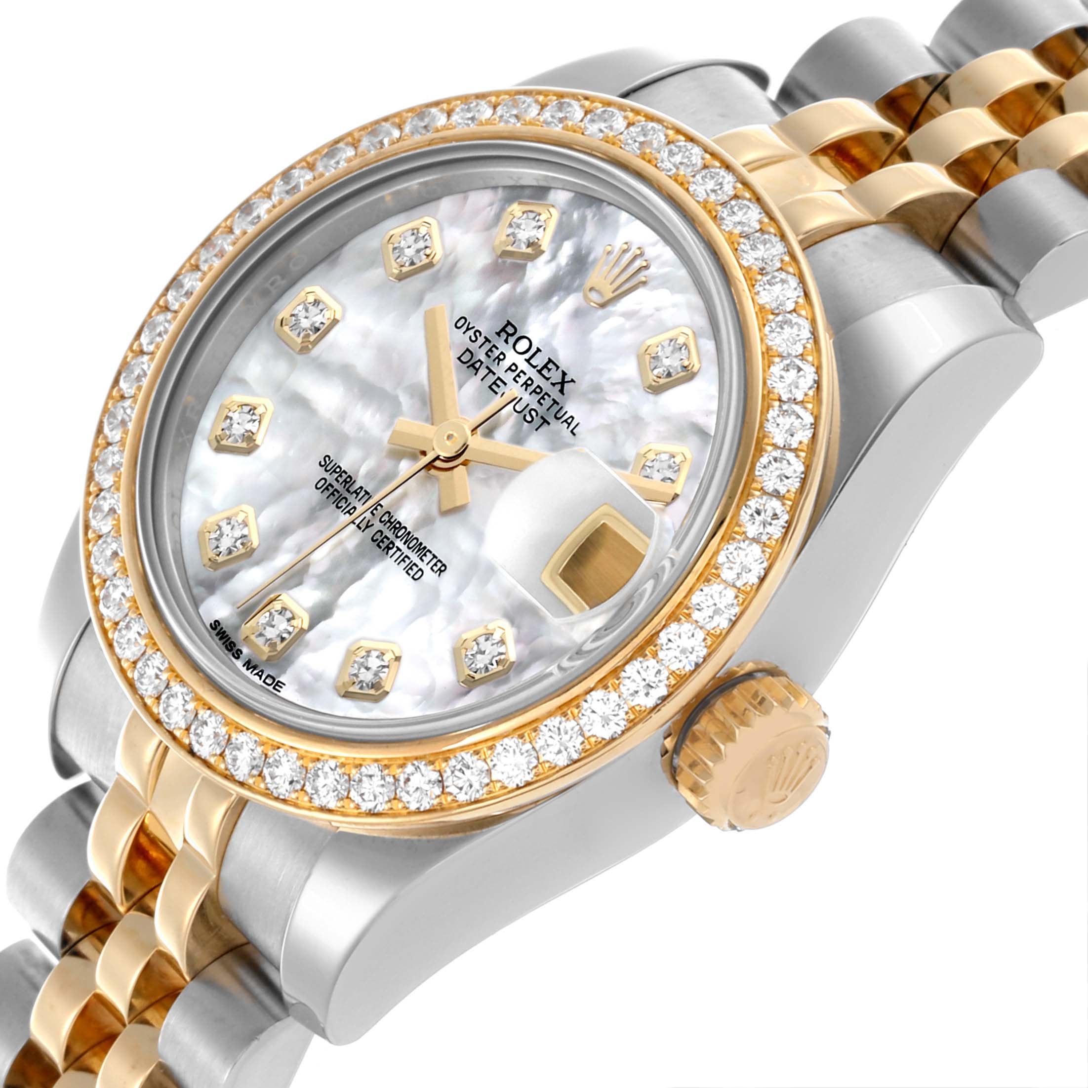 The Rolex Datejust 179383 Women's Steel and Gold (two tone) Mother of Pearl Dial 179383 Women's Steel and Gold (two tone) Mother of Pearl Dial watch is shown at an angled side view, highlighting the dial, bezel, bracelet, and crown.