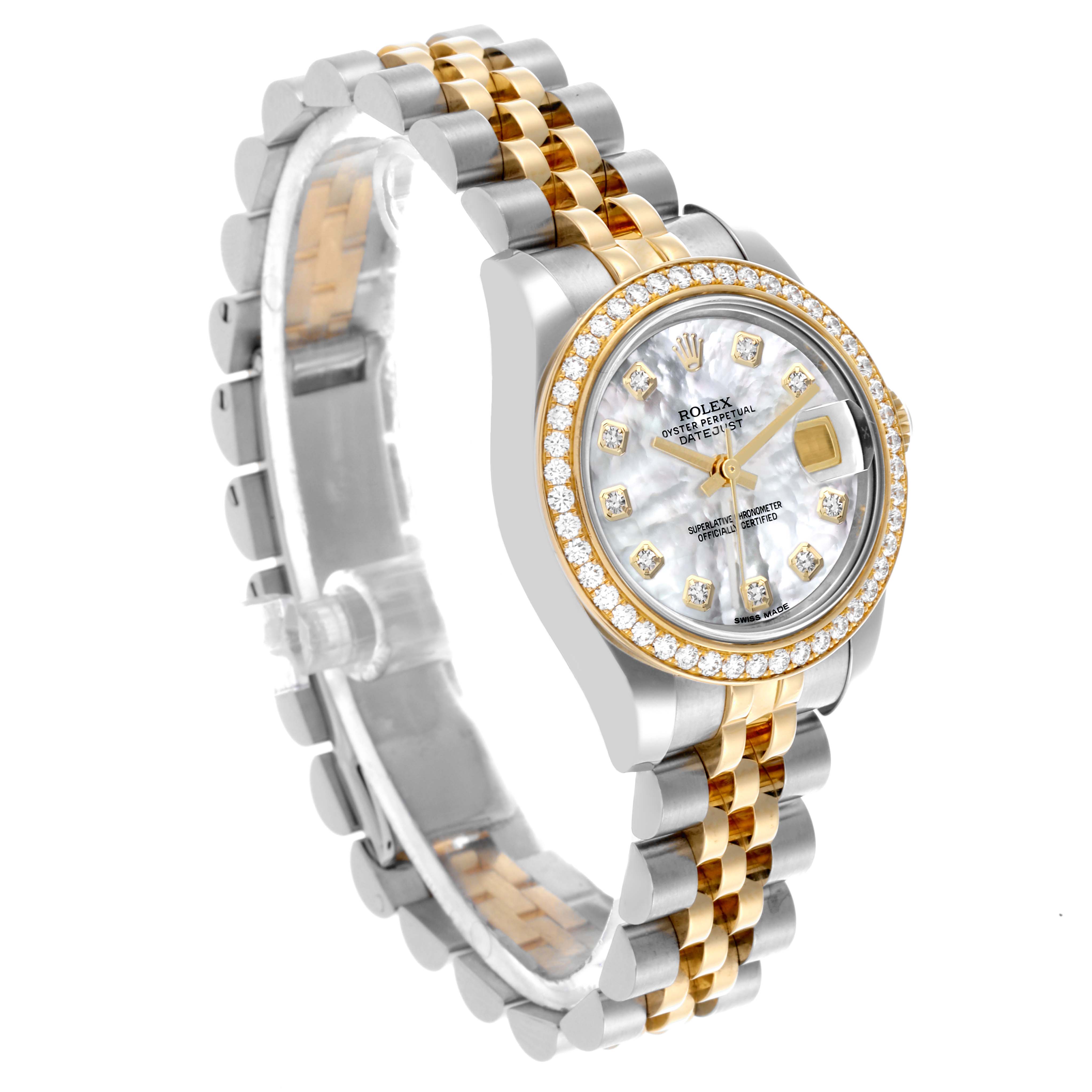 The Rolex Datejust 179383 Women's Steel and Gold (two tone) Mother of Pearl Dial 179383 Women's Steel and Gold (two tone) Mother of Pearl Dial watch is shown at a three-quarter angle, highlighting the face, bezel, and two-tone bracelet.