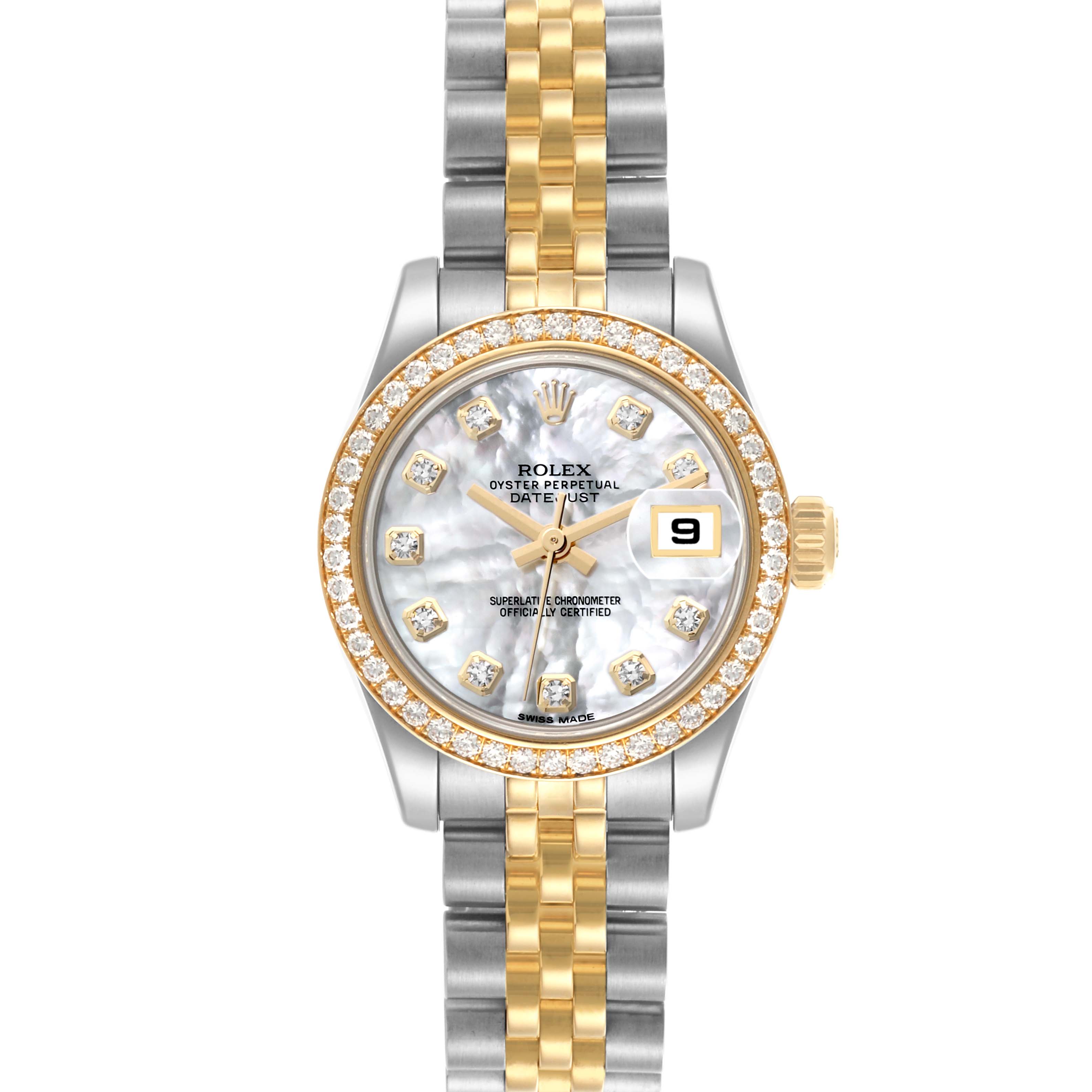 The Rolex Datejust 179383 Women's Steel and Gold (two tone) Mother of Pearl Dial 179383 Women's Steel and Gold (two tone) Mother of Pearl Dial watch is shown from the front, displaying the dial, bezel, and two-tone bracelet.