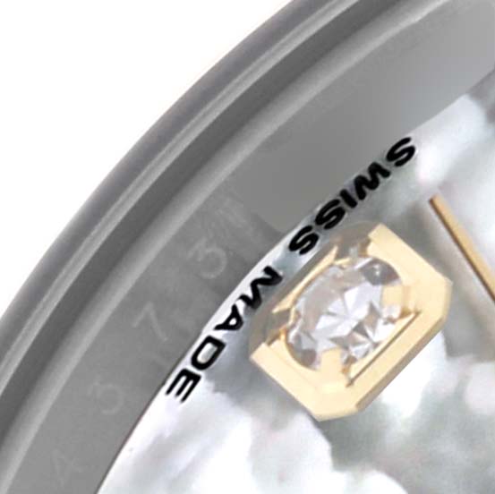 The image shows a close-up of a Rolex Datejust 179383 Women's Steel and Gold (two tone) Mother of Pearl Dial 179383 Women's Steel and Gold (two tone) Mother of Pearl Dial watch face, detailing the dial with a diamond marker and "SWISS MADE" text.