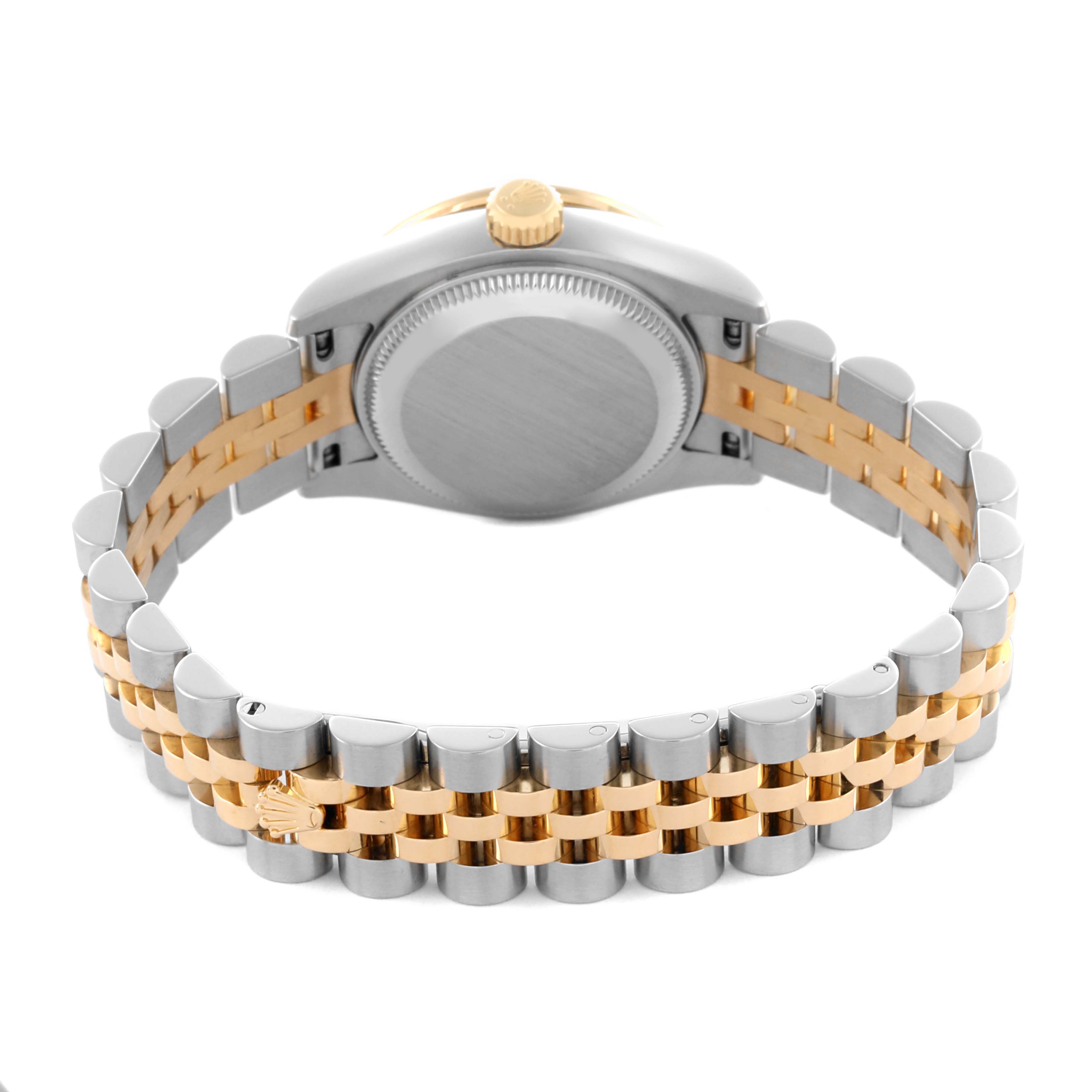 The image shows the back of a Rolex Datejust 179383 Women's Steel and Gold (two tone) Mother of Pearl Dial 179383 Women's Steel and Gold (two tone) Mother of Pearl Dial watch, highlighting the case back and two-tone bracelet.
