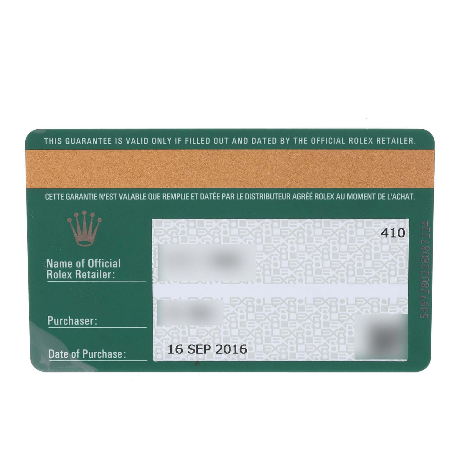 The image shows the warranty card for a Rolex Datejust 179383 Women's Steel and Gold (two tone) Mother of Pearl Dial 179383 Women's Steel and Gold (two tone) Mother of Pearl Dial watch, displaying information fields and branding.