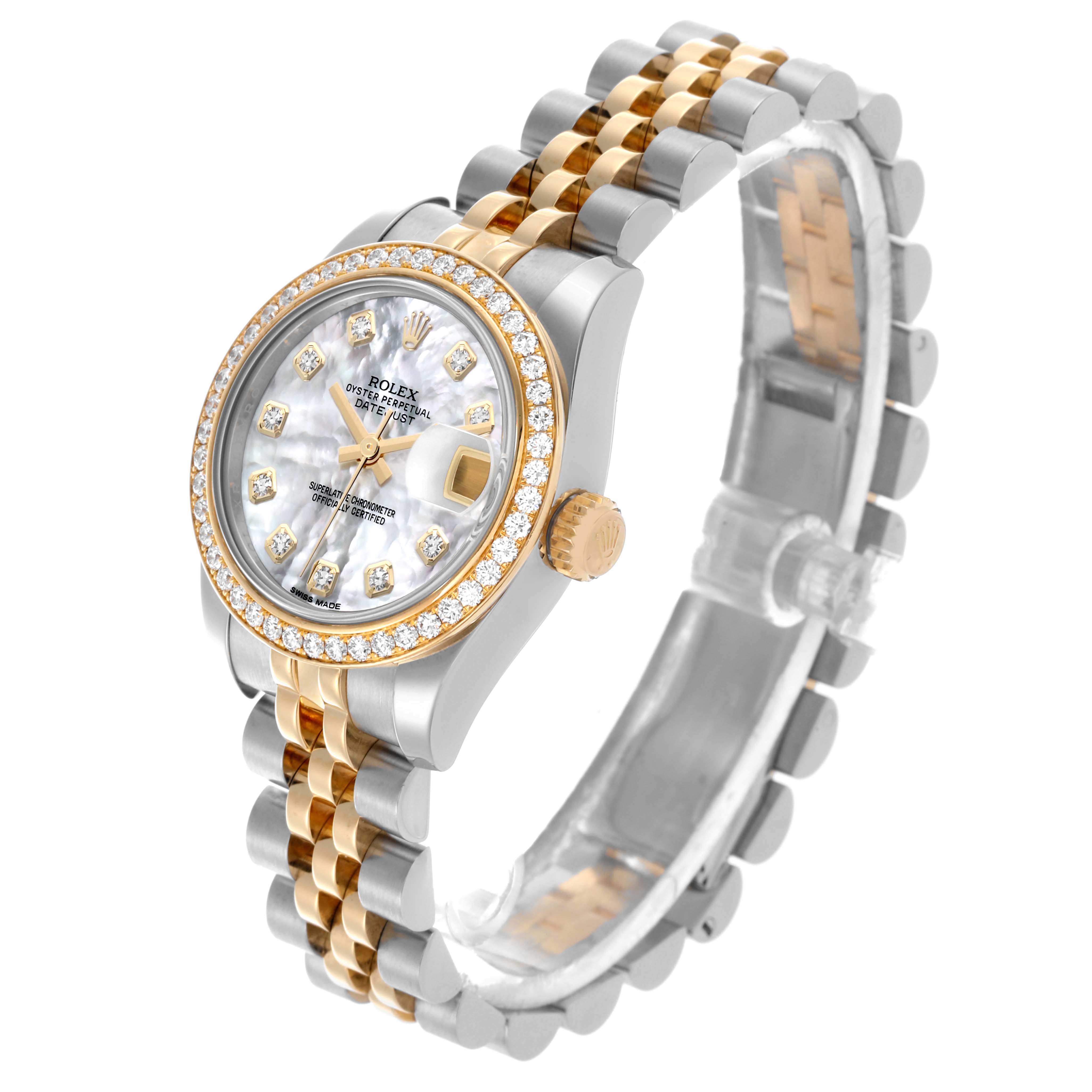The Rolex Datejust 179383 Women's Steel and Gold (two tone) Mother of Pearl Dial 179383 Women's Steel and Gold (two tone) Mother of Pearl Dial watch is shown at a three-quarter angle, highlighting the two-tone bracelet, diamond bezel, and dial.