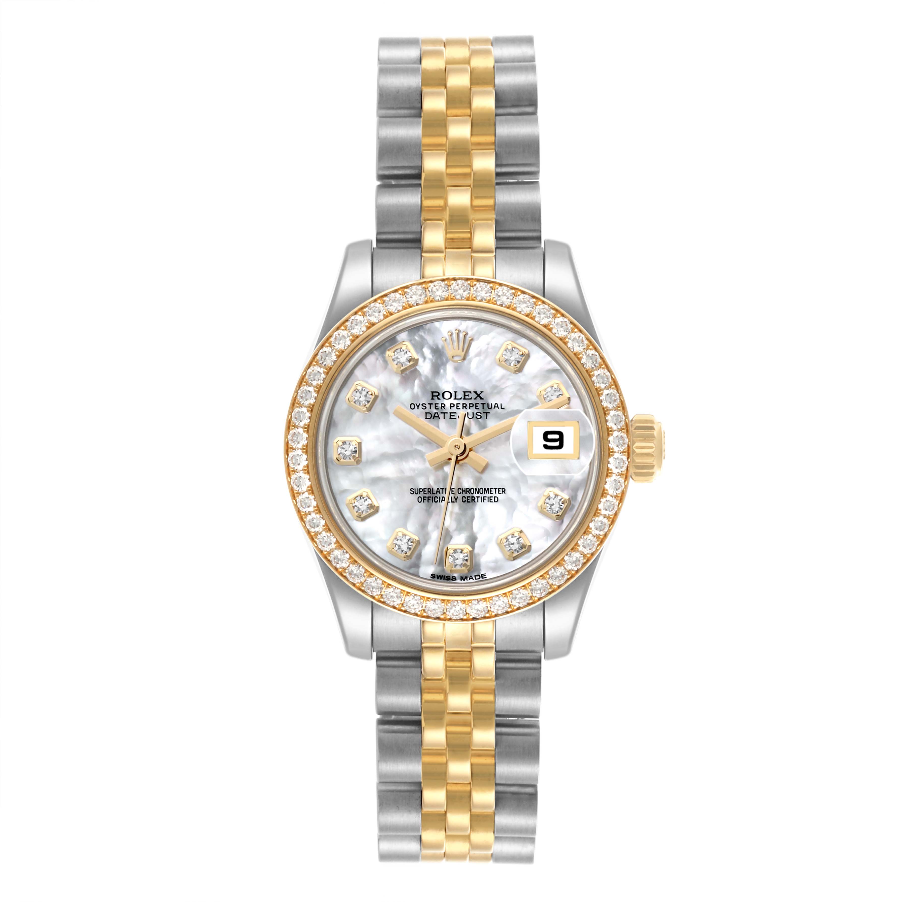 The image shows a front view of a Rolex Datejust 179383 Women's Steel and Gold (two tone) Mother of Pearl Dial 179383 Women's Steel and Gold (two tone) Mother of Pearl Dial watch, highlighting the bezel, dial, bracelet, and crown.