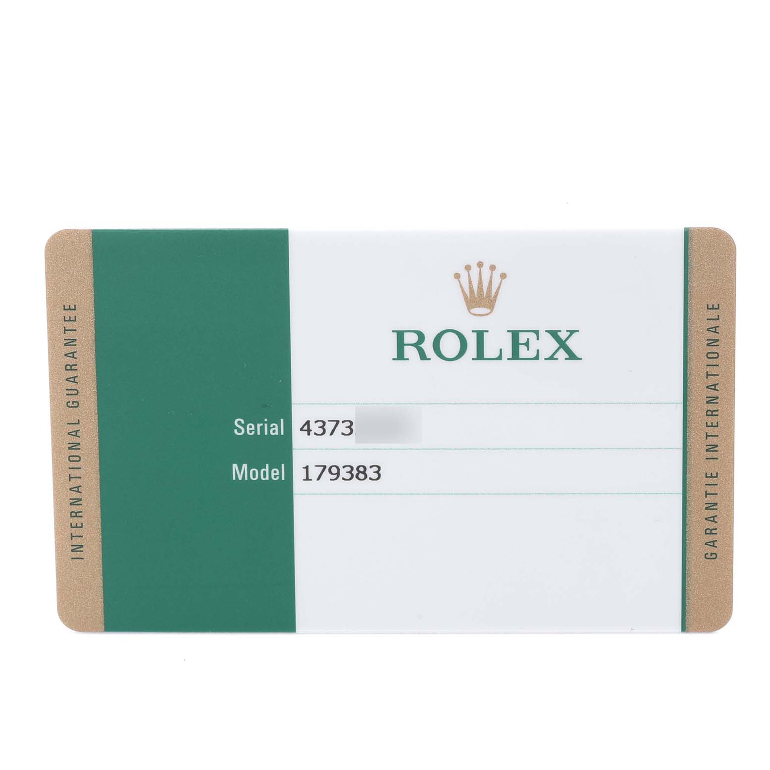 This image shows the international guarantee card for a Rolex Datejust 179383 Women's Steel and Gold (two tone) Mother of Pearl Dial 179383 Women's Steel and Gold (two tone) Mother of Pearl Dial watch model.