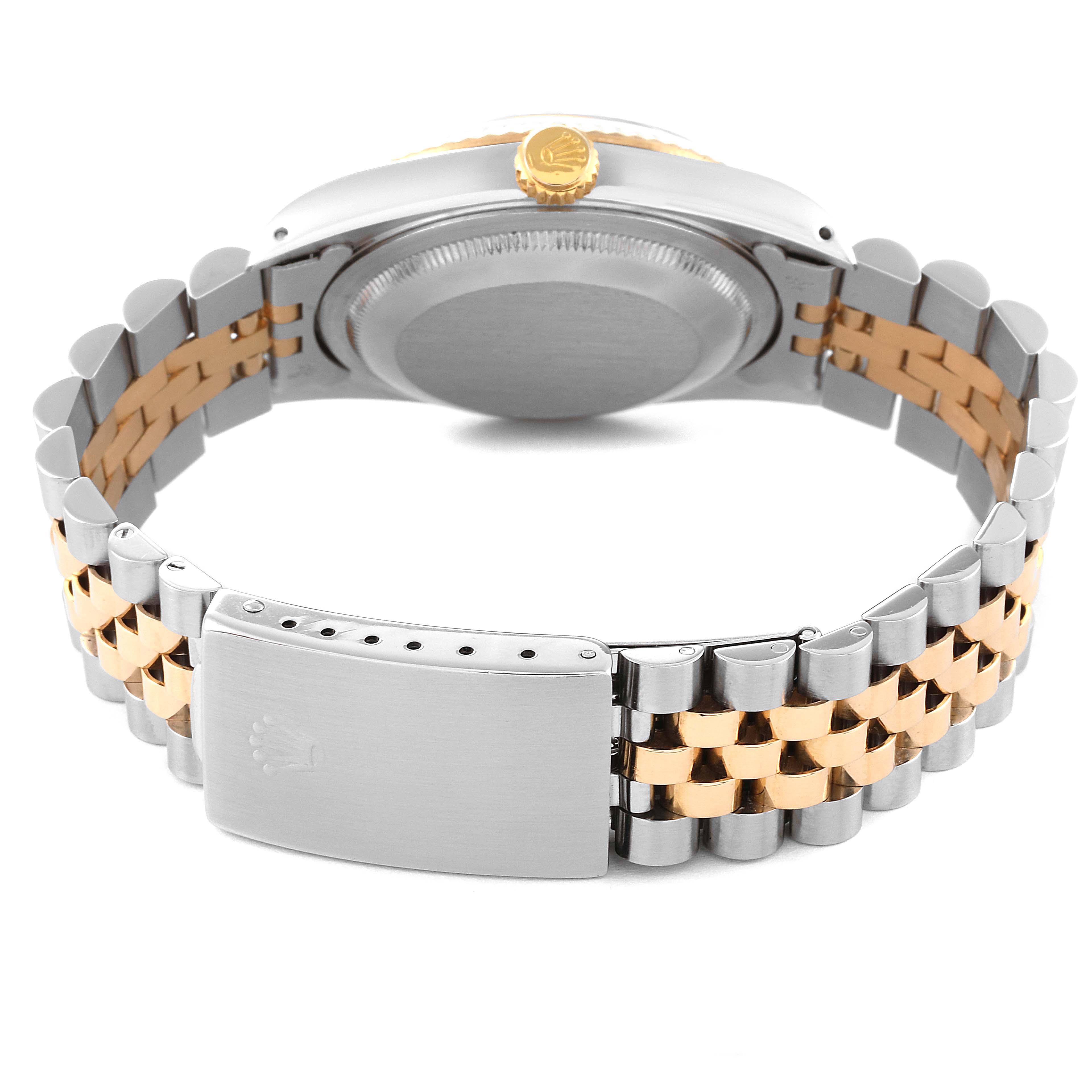 The image shows the back view of a two-tone Rolex Datejust 16233 Men's Steel and Gold (two tone) Grey Dial 16233 Men's Steel and Gold (two tone) Grey Dial watch, highlighting the bracelet and clasp.