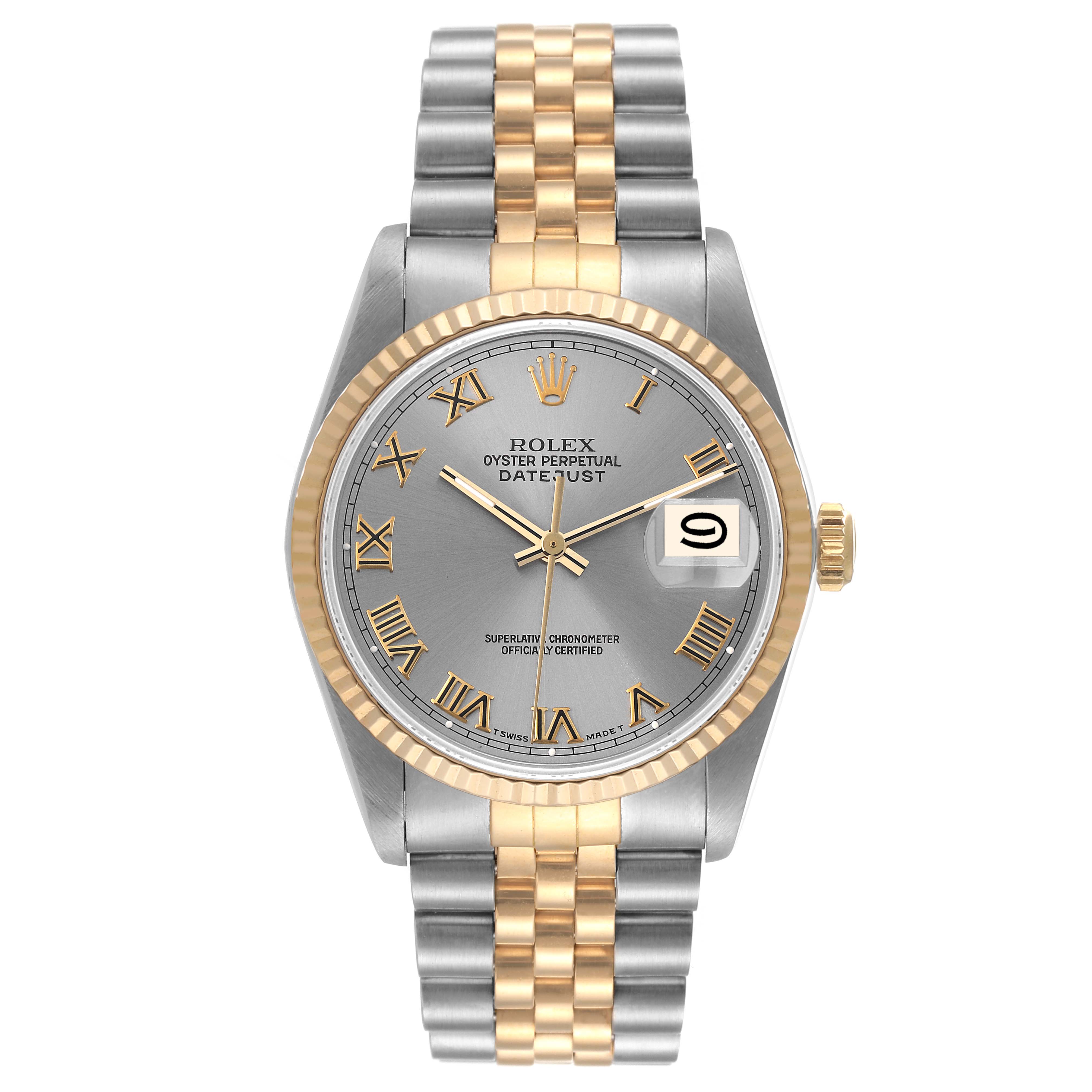 The image shows a Rolex Datejust 16233 Men's Steel and Gold (two tone) Grey Dial 16233 Men's Steel and Gold (two tone) Grey Dial watch from the front, displaying the dial, bezel, crown, and bracelet.