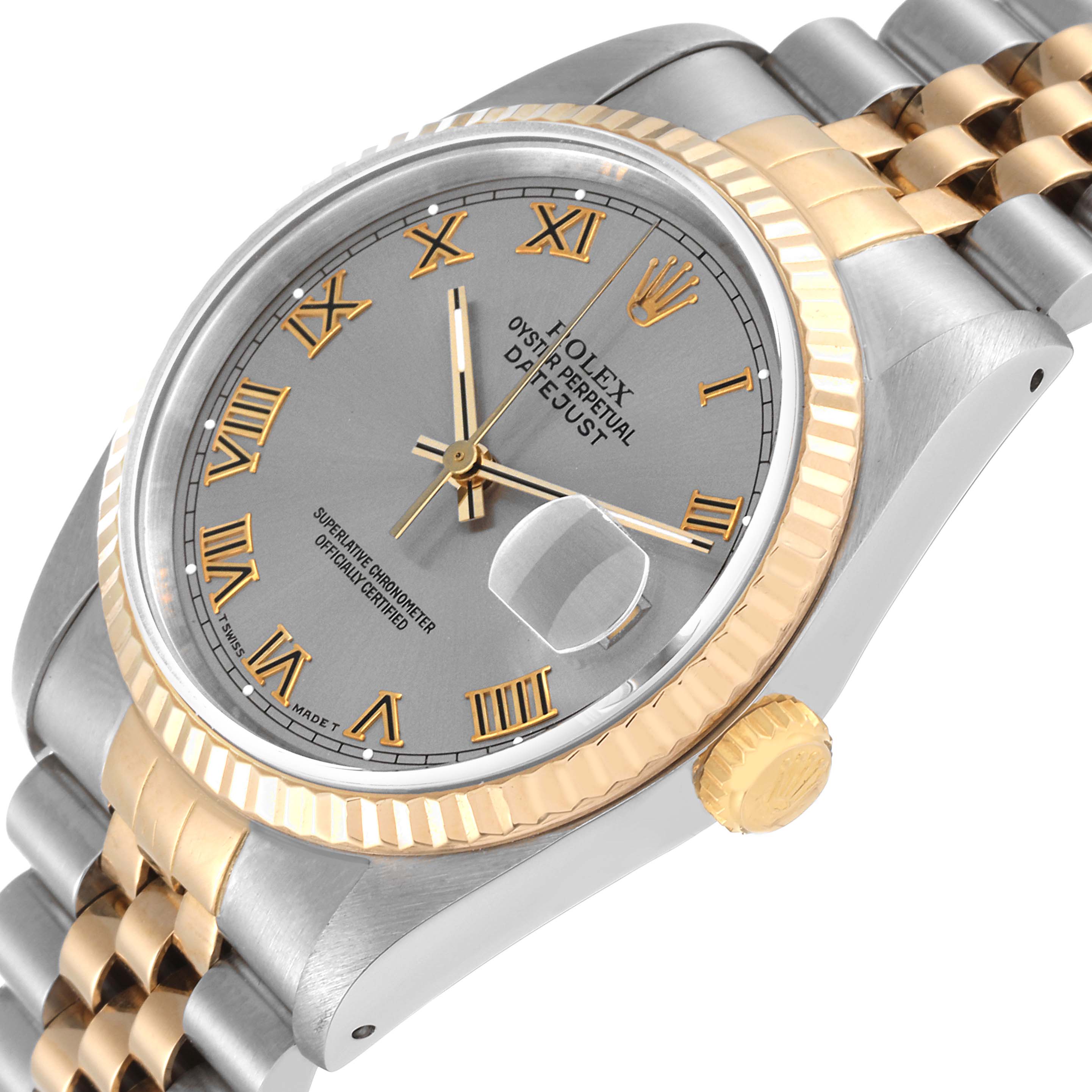 This image shows a Rolex Datejust 16233 Men's Steel and Gold (two tone) Grey Dial 16233 Men's Steel and Gold (two tone) Grey Dial watch from a side angle, highlighting the bezel, crown, dial, and part of the bracelet.