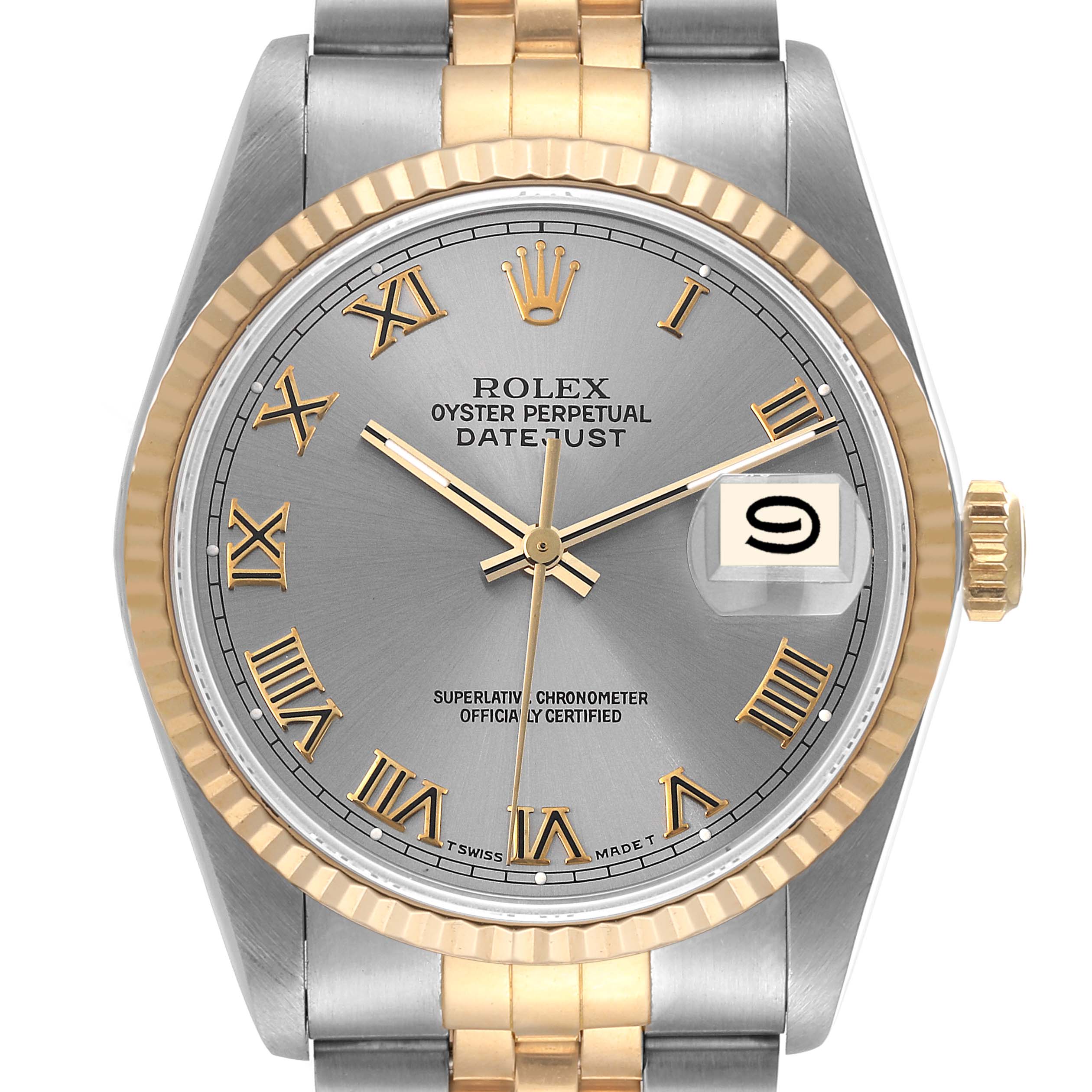 The image shows a front view of the Rolex Datejust 16233 Men's Steel and Gold (two tone) Grey Dial 16233 Men's Steel and Gold (two tone) Grey Dial watch, highlighting the dial, bezel, and part of the bracelet.