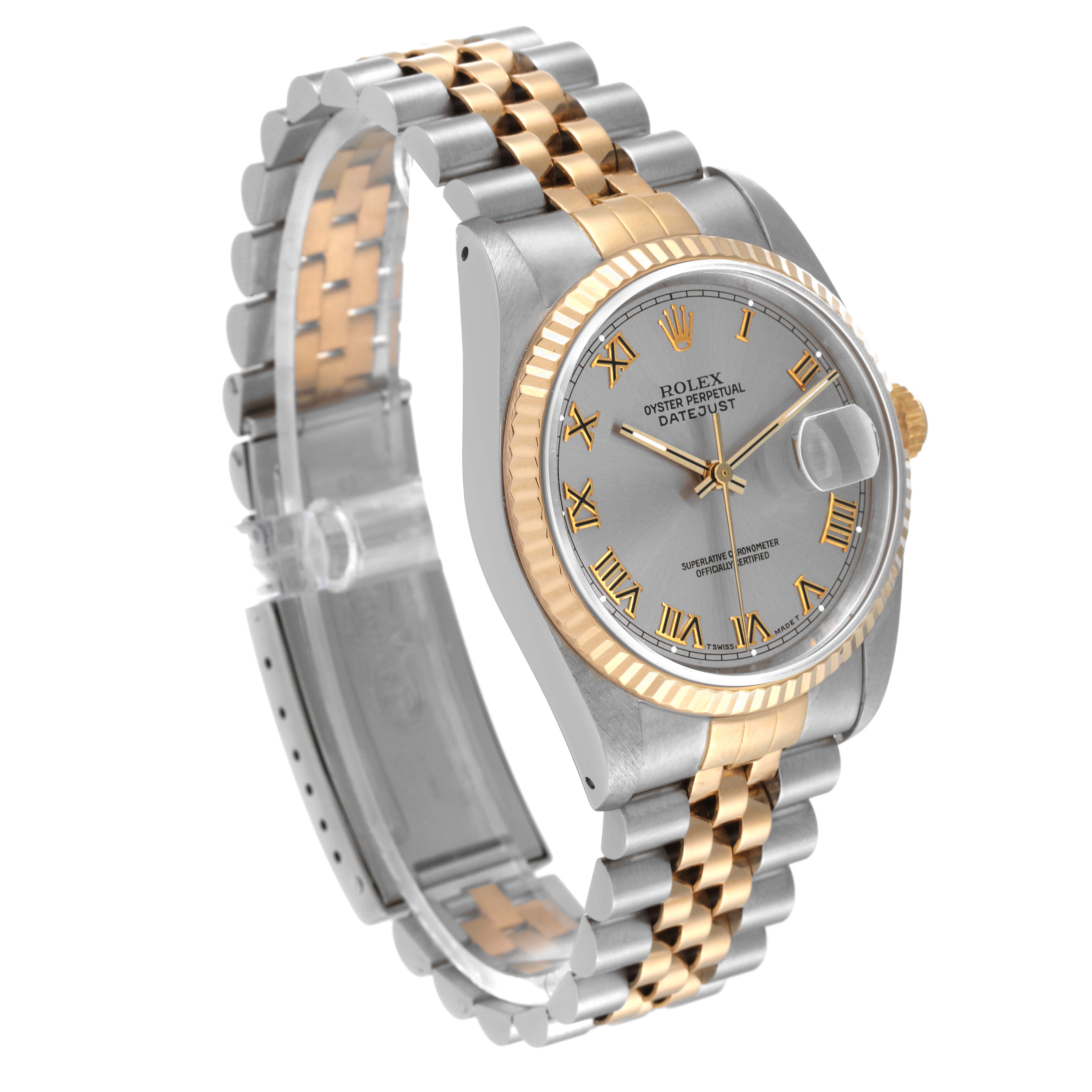 The image shows a Rolex Datejust 16233 Men's Steel and Gold (two tone) Grey Dial 16233 Men's Steel and Gold (two tone) Grey Dial watch at a slight angle, highlighting the dial, bezel, and Jubilee bracelet.