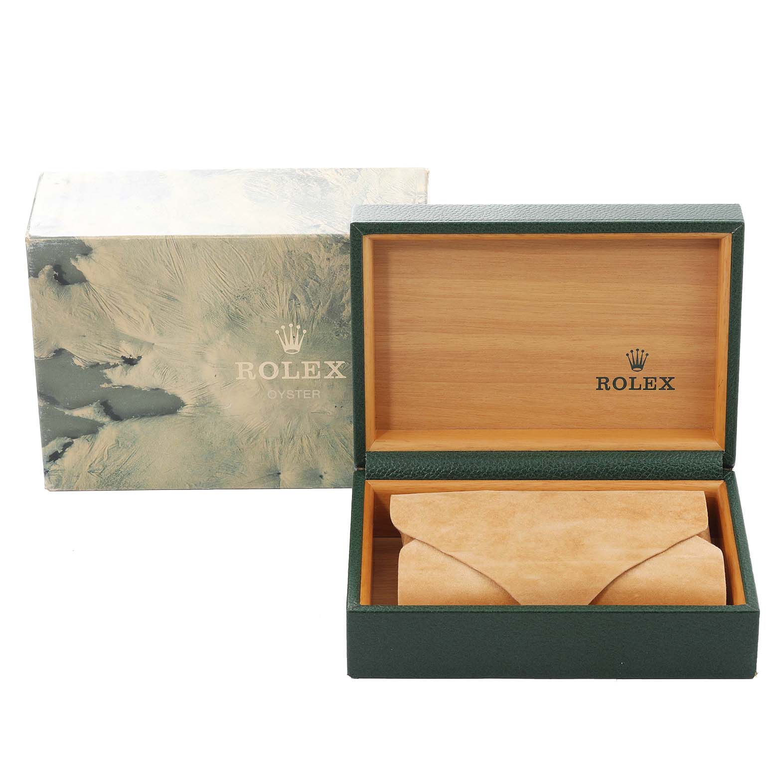 The image shows the open box and packaging for a Rolex Datejust 16233 Men's Steel and Gold (two tone) Grey Dial 16233 Men's Steel and Gold (two tone) Grey Dial model watch, featuring the Rolex logo and branding.