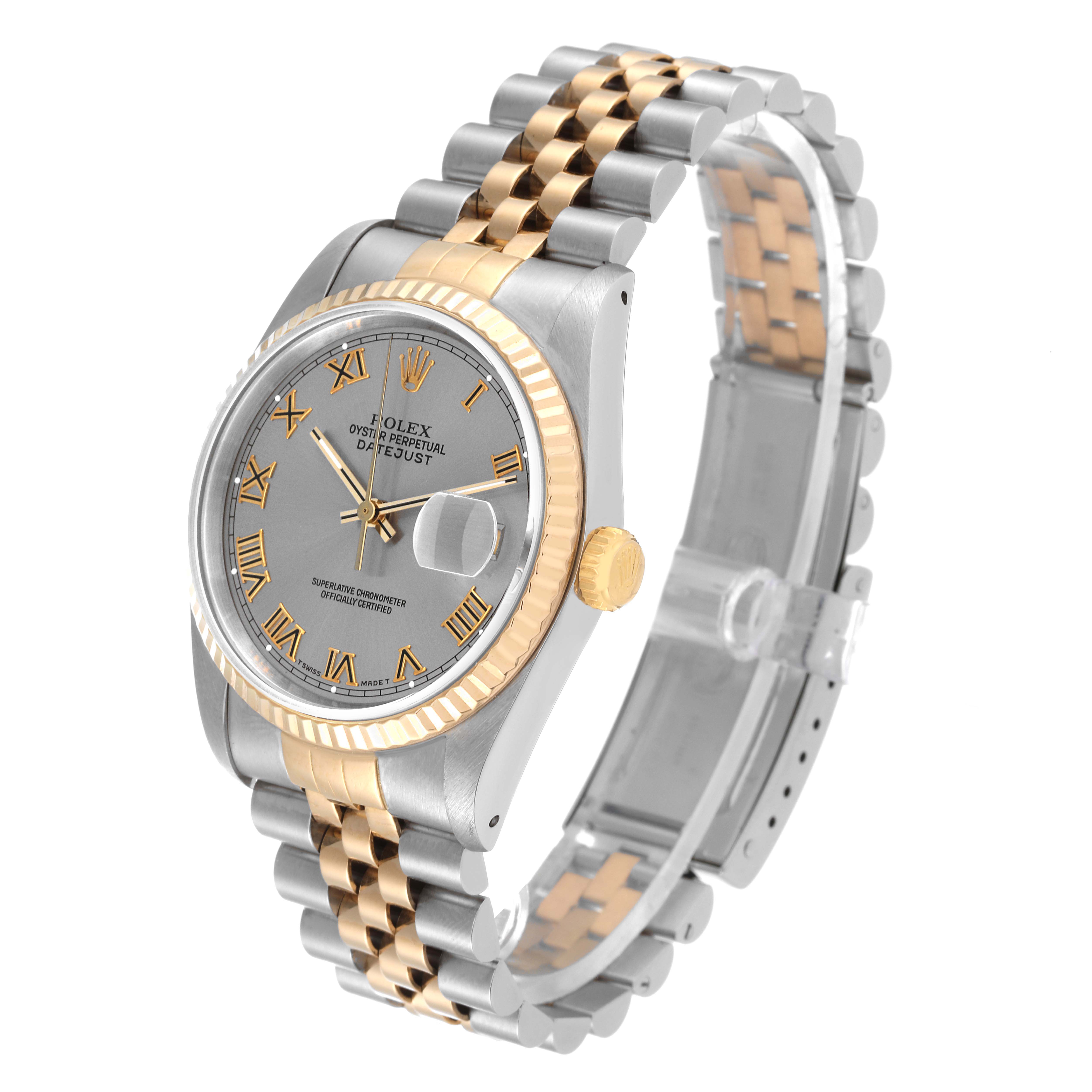 The Rolex Datejust 16233 Men's Steel and Gold (two tone) Grey Dial 16233 Men's Steel and Gold (two tone) Grey Dial watch is shown at a three-quarter angle, highlighting the dial, bezel, and two-tone bracelet.