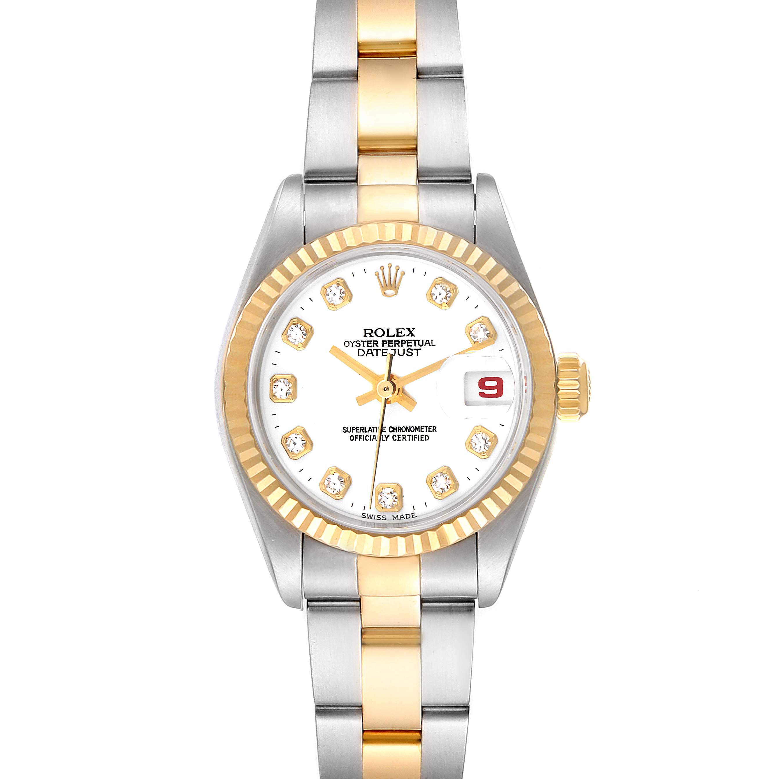 This image shows a front view of a Rolex Datejust 79173 Women's Steel and Gold (two tone) White Dial 79173 Women's Steel and Gold (two tone) White Dial watch with a two-tone bracelet, white dial, and gold bezel.