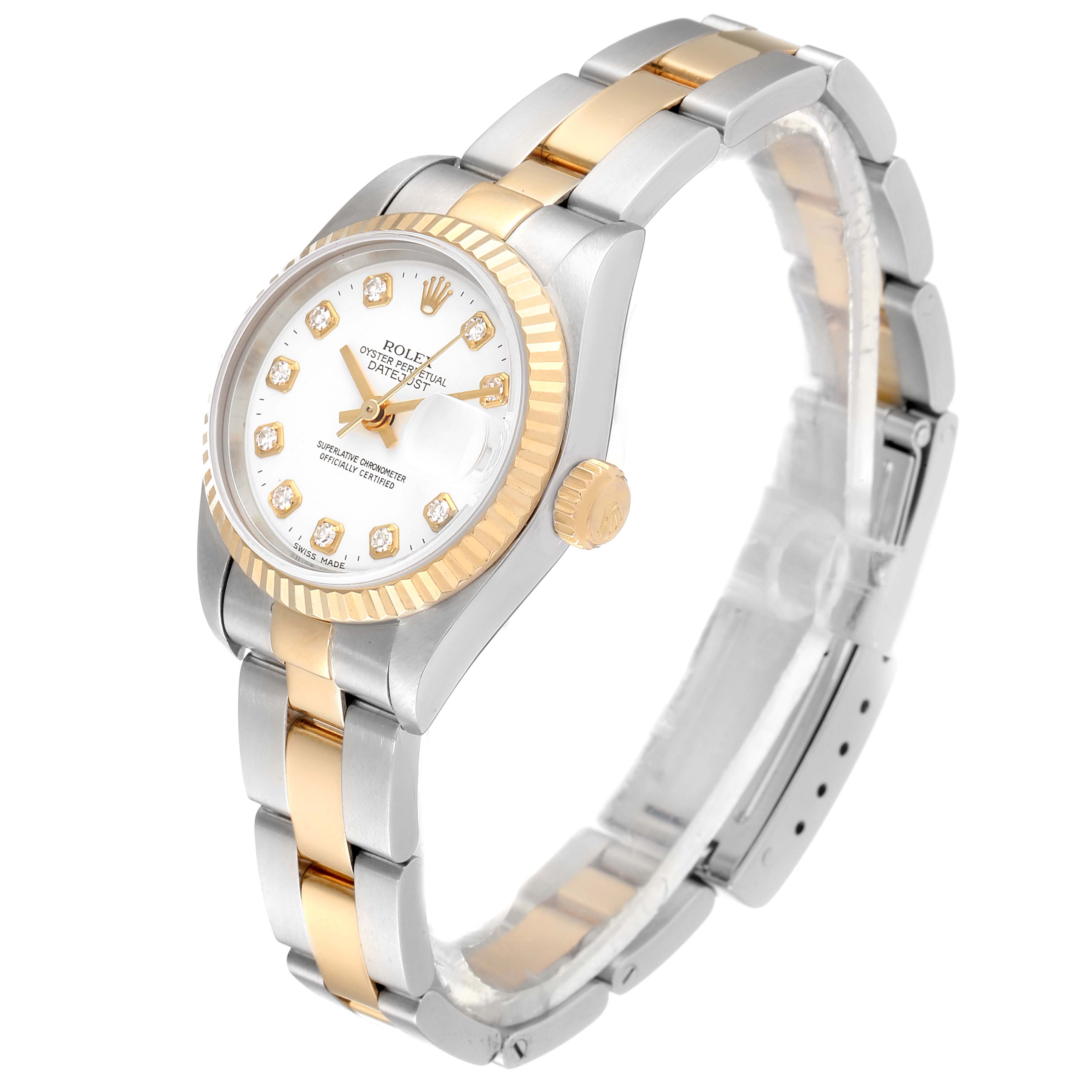 The Rolex Datejust 79173 Women's Steel and Gold (two tone) White Dial 79173 Women's Steel and Gold (two tone) White Dial watch is shown at a three-quarter angle, highlighting its face, bezel, crown, and two-tone bracelet.