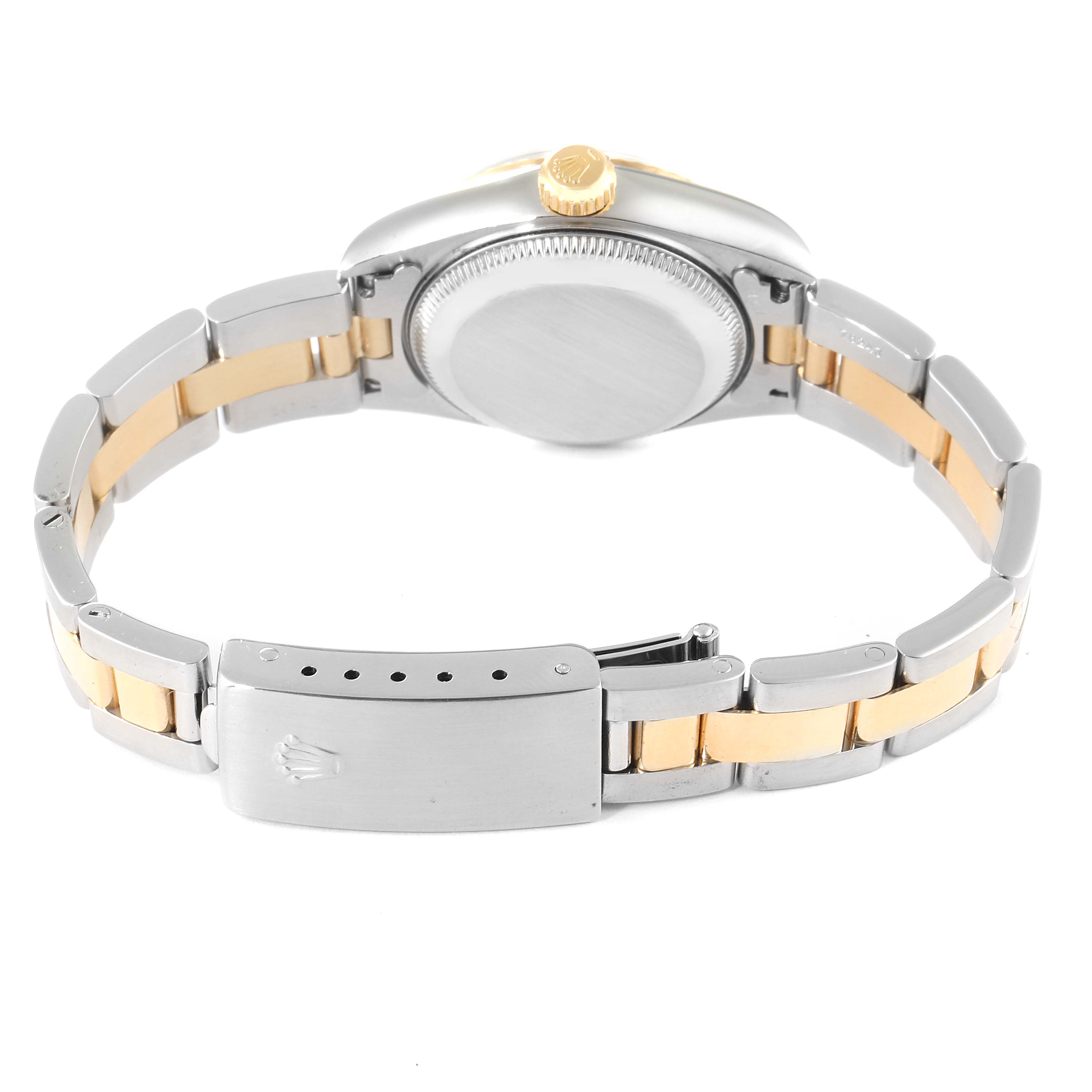 The image shows the back view of a Rolex Datejust 79173 Women's Steel and Gold (two tone) White Dial 79173 Women's Steel and Gold (two tone) White Dial watch, highlighting the bracelet, clasp, crown, and case back.