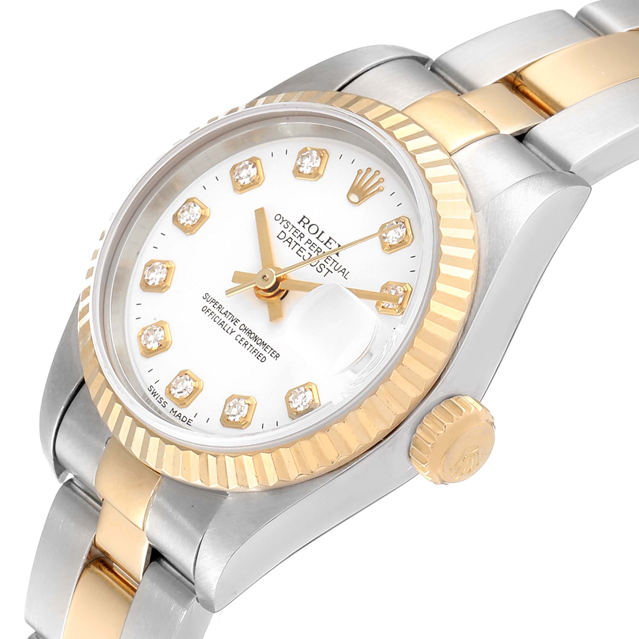 The image shows a tilted view of a Rolex Datejust 79173 Women's Steel and Gold (two tone) White Dial 79173 Women's Steel and Gold (two tone) White Dial watch, highlighting the dial, fluted bezel, crown, and part of the bracelet.