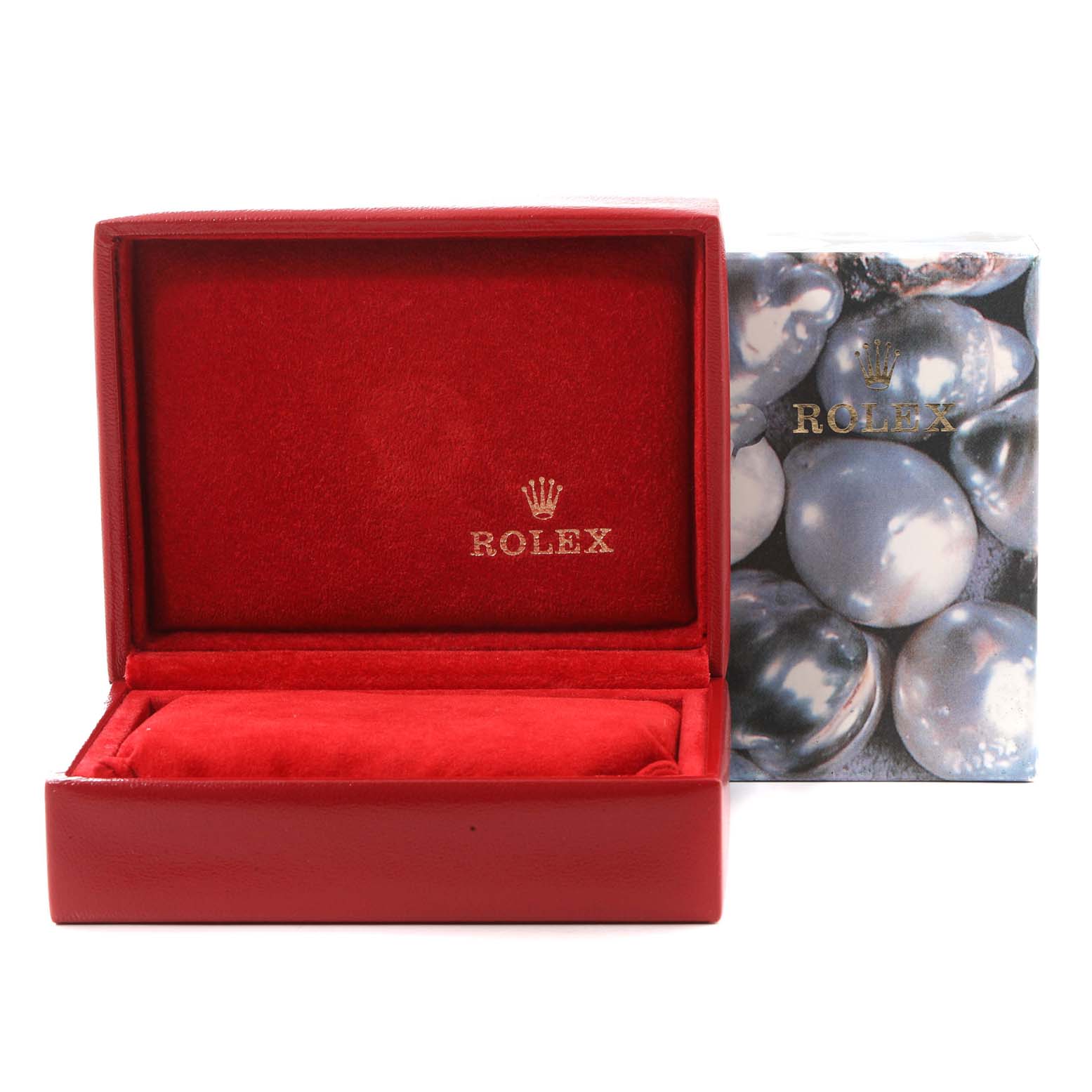 The image shows a red Rolex Datejust 79173 Women's Steel and Gold (two tone) White Dial 79173 Women's Steel and Gold (two tone) White Dial watch box with a cushion and a Rolex branded outer box with a pearl design.