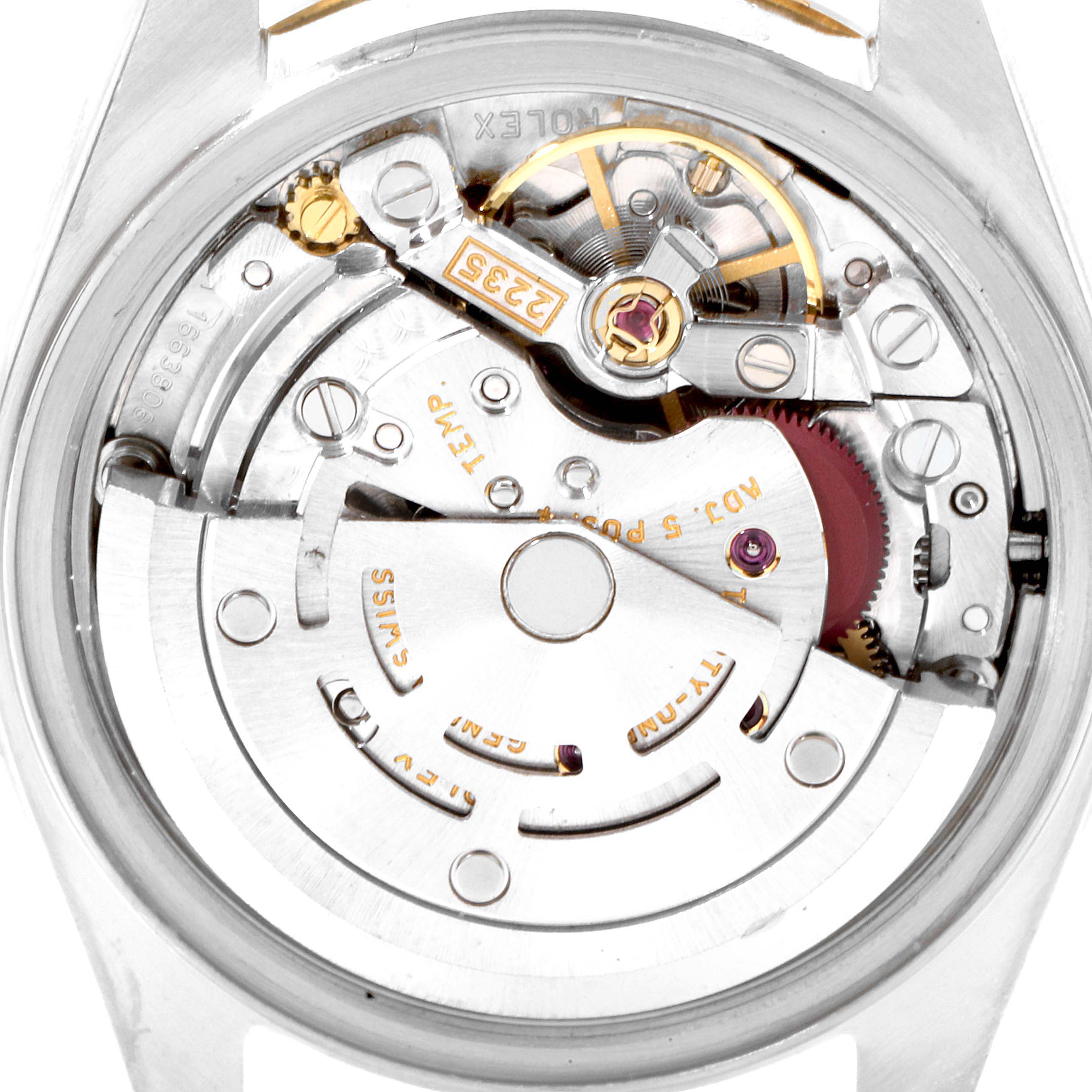 This image shows the intricate movement and internal components of a Rolex Datejust 79173 Women's Steel and Gold (two tone) White Dial 79173 Women's Steel and Gold (two tone) White Dial model from a top-down angle.