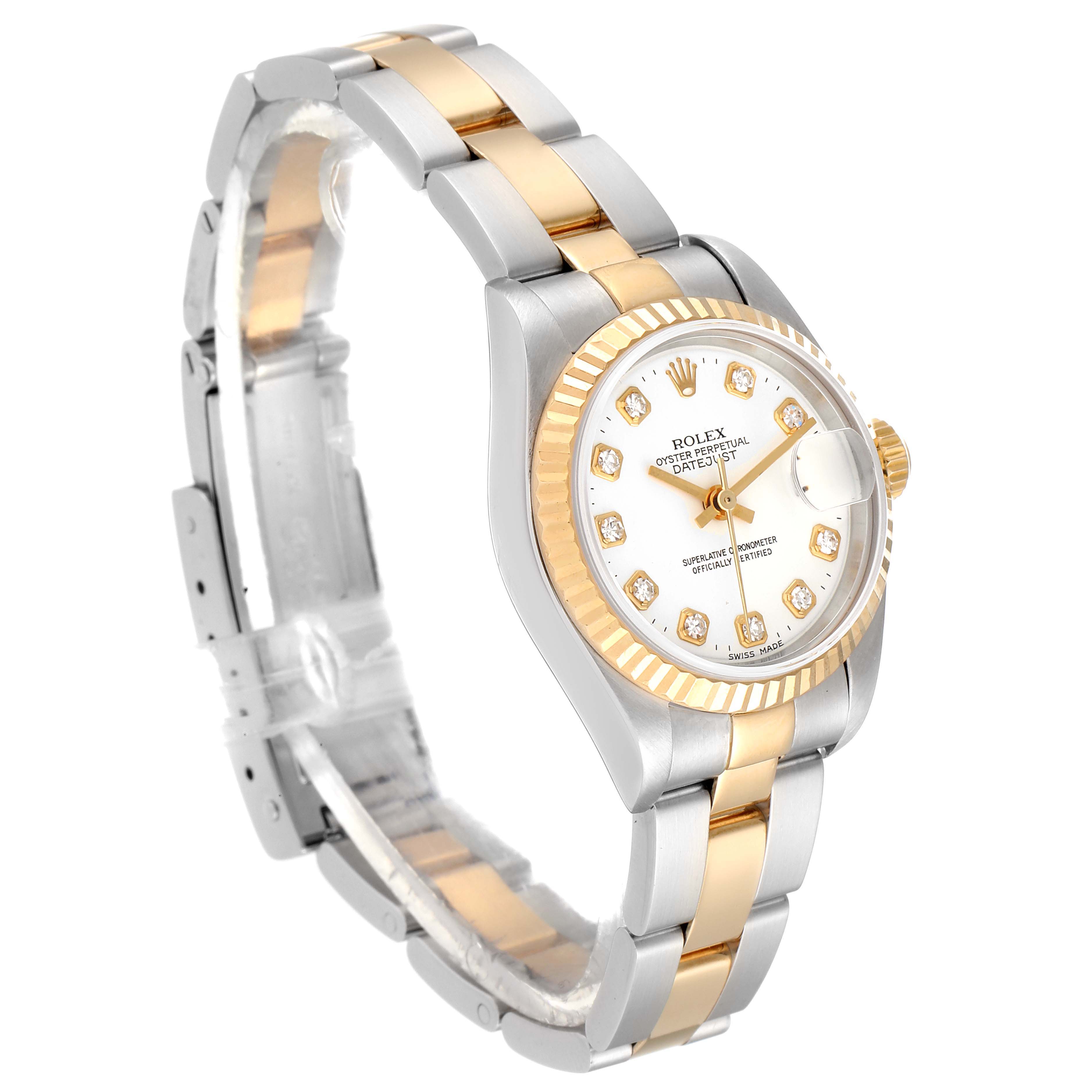 This Rolex Datejust 79173 Women's Steel and Gold (two tone) White Dial 79173 Women's Steel and Gold (two tone) White Dial watch is shown at a three-quarter angle, showcasing its face, bezel, and two-tone bracelet.