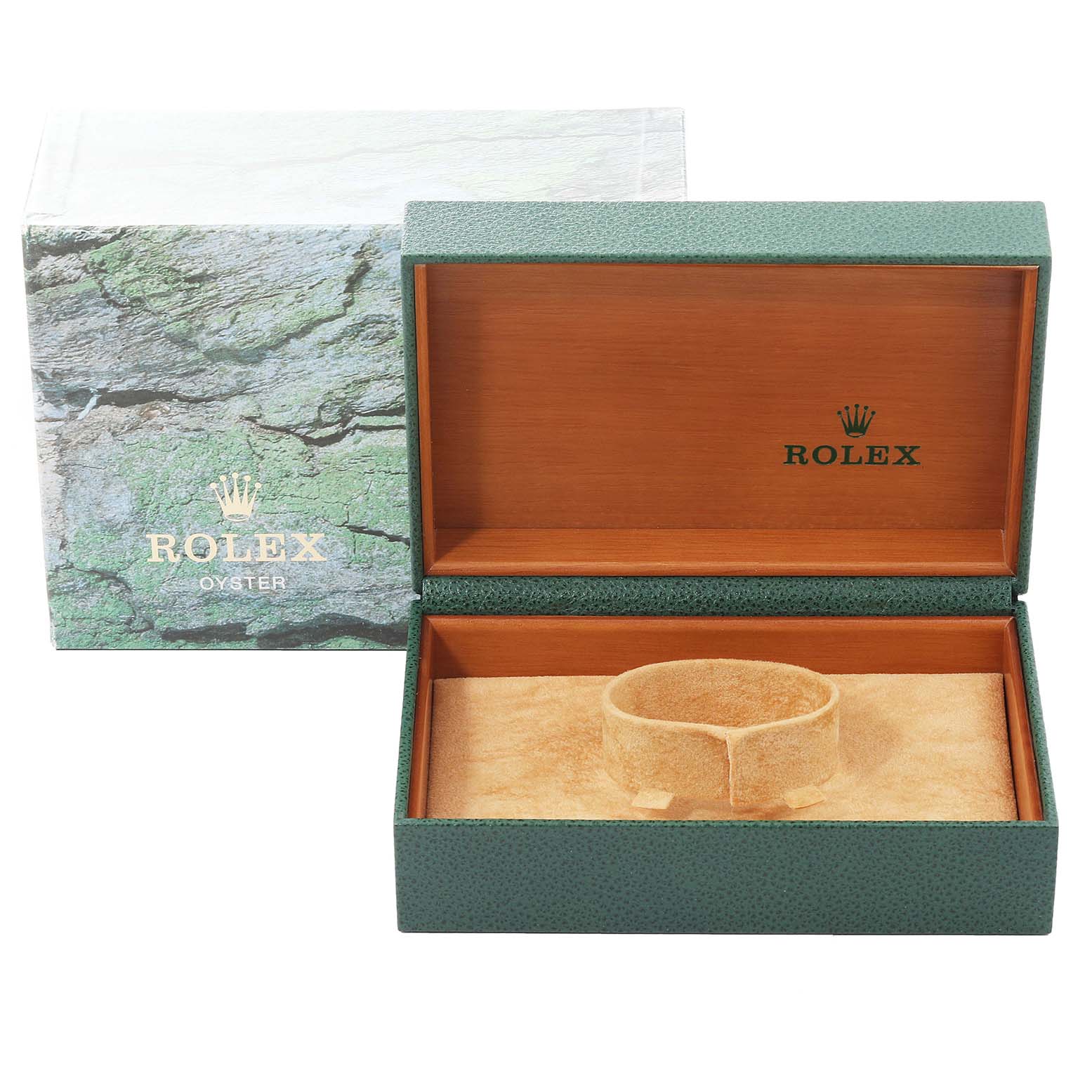 This image shows an open green Rolex box for the Turn-o-Graph model, displaying the interior and cushion, with the outer packaging visible behind.