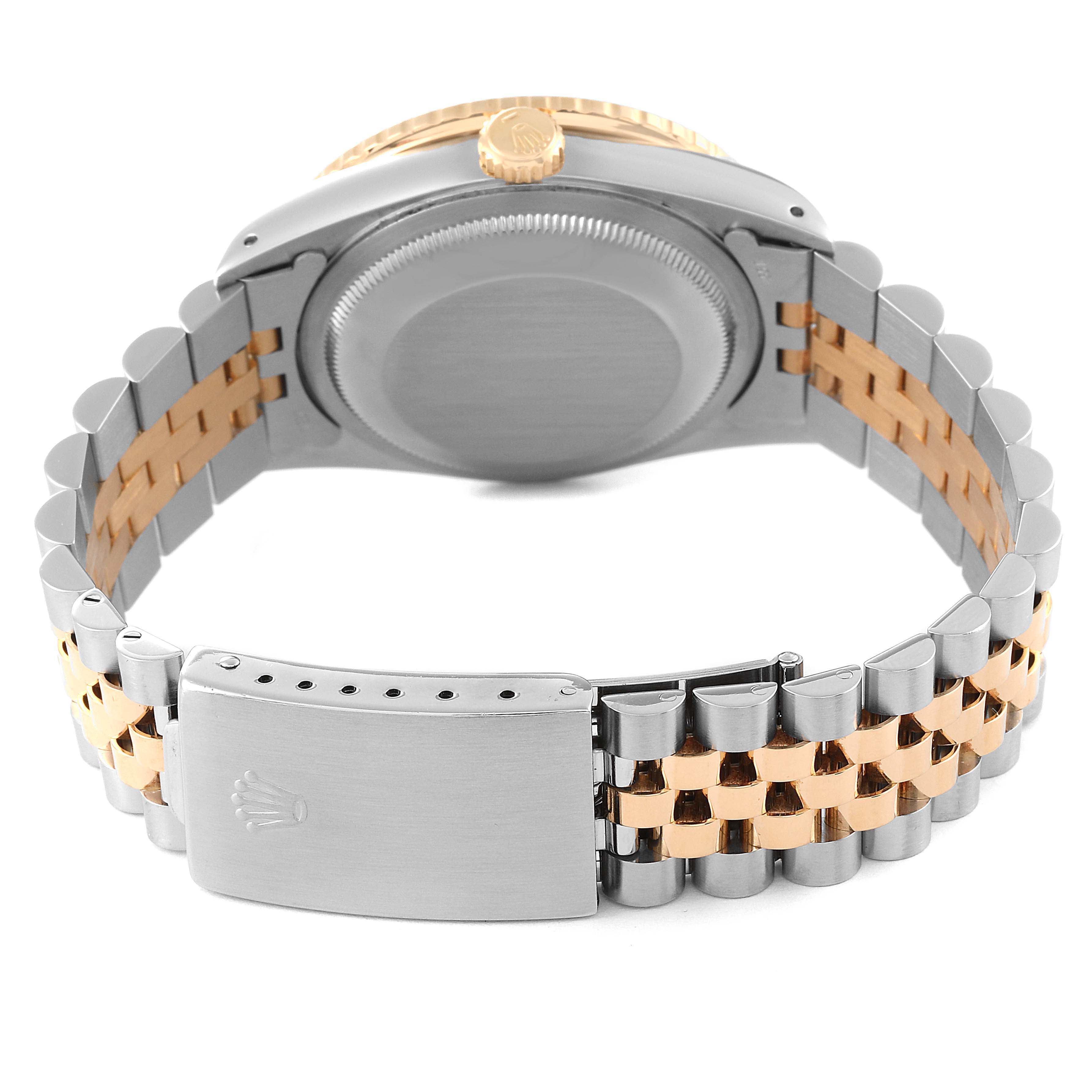 This image shows the back view of a Rolex Turn-o-Graph 16263 Men's Steel and Gold (two tone) Beige Dial 16263 Men's Steel and Gold (two tone) Beige Dial model, featuring the case back and jubilee bracelet with clasp.