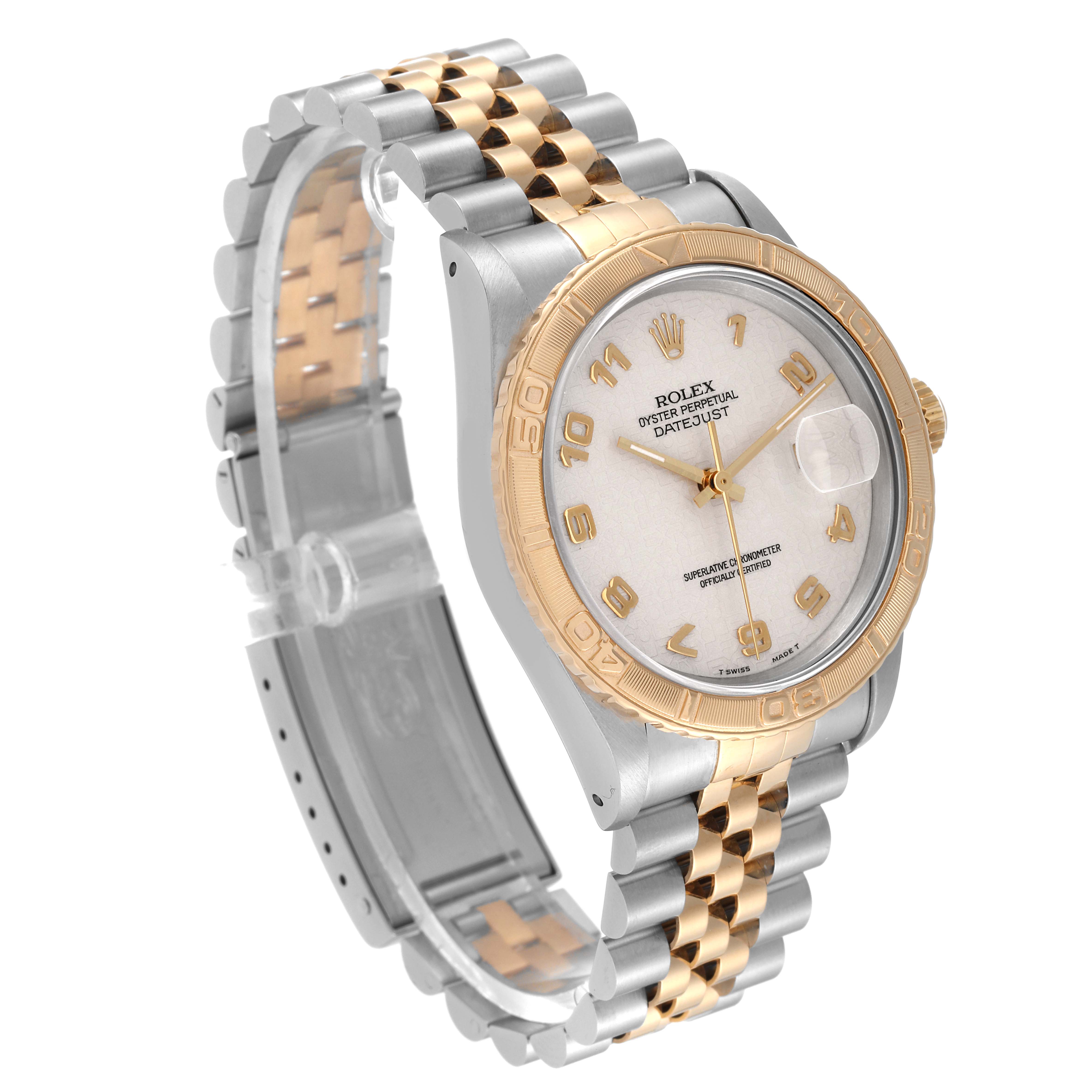 The image shows a Rolex Turn-o-Graph 16263 Men's Steel and Gold (two tone) Beige Dial 16263 Men's Steel and Gold (two tone) Beige Dial watch at a three-quarter angle, highlighting the bezel, dial, and two-tone bracelet.