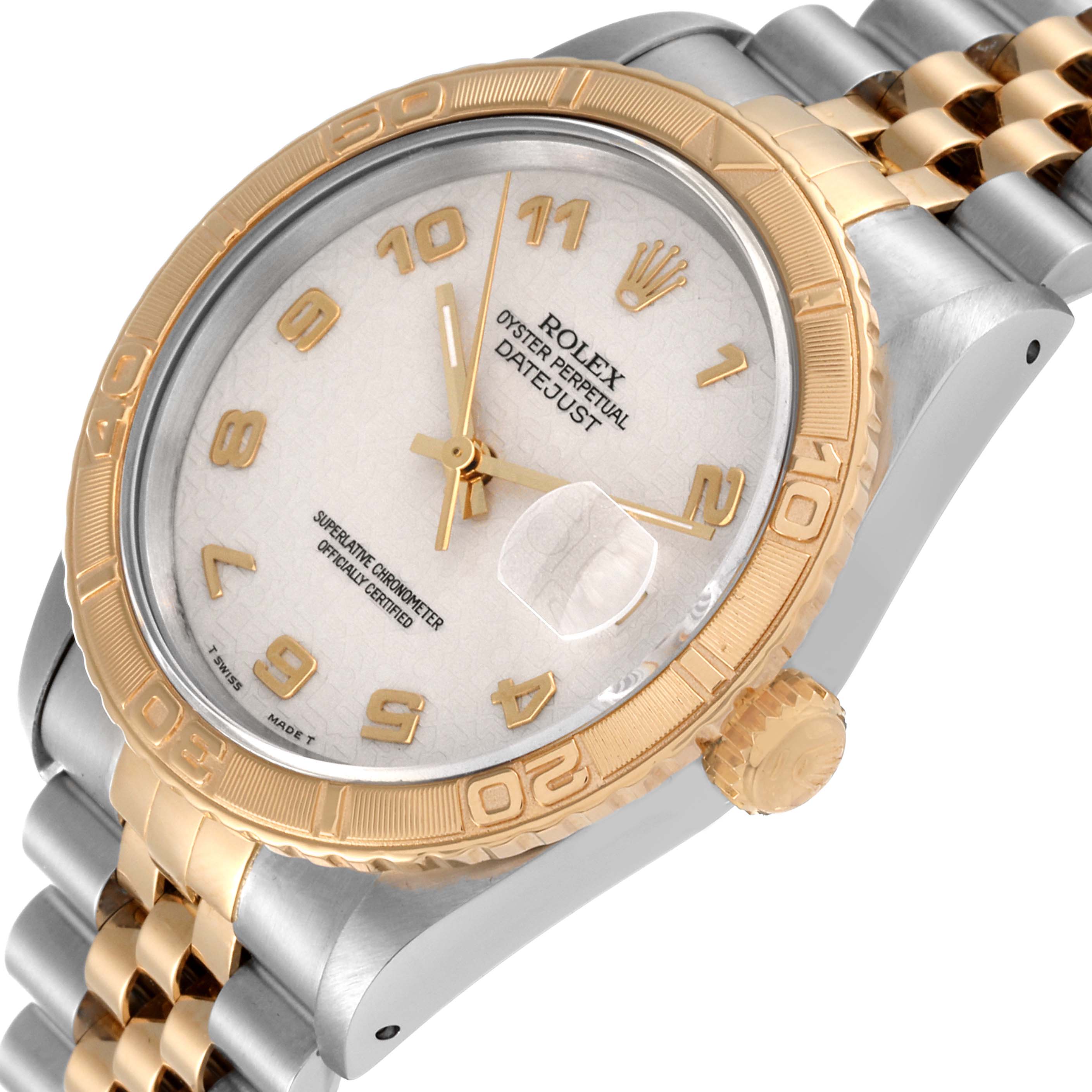 The image shows a close-up, angled view of a Rolex Turn-o-Graph 16263 Men's Steel and Gold (two tone) Beige Dial 16263 Men's Steel and Gold (two tone) Beige Dial watch, including the bezel, dial, crown, and part of the bracelet.