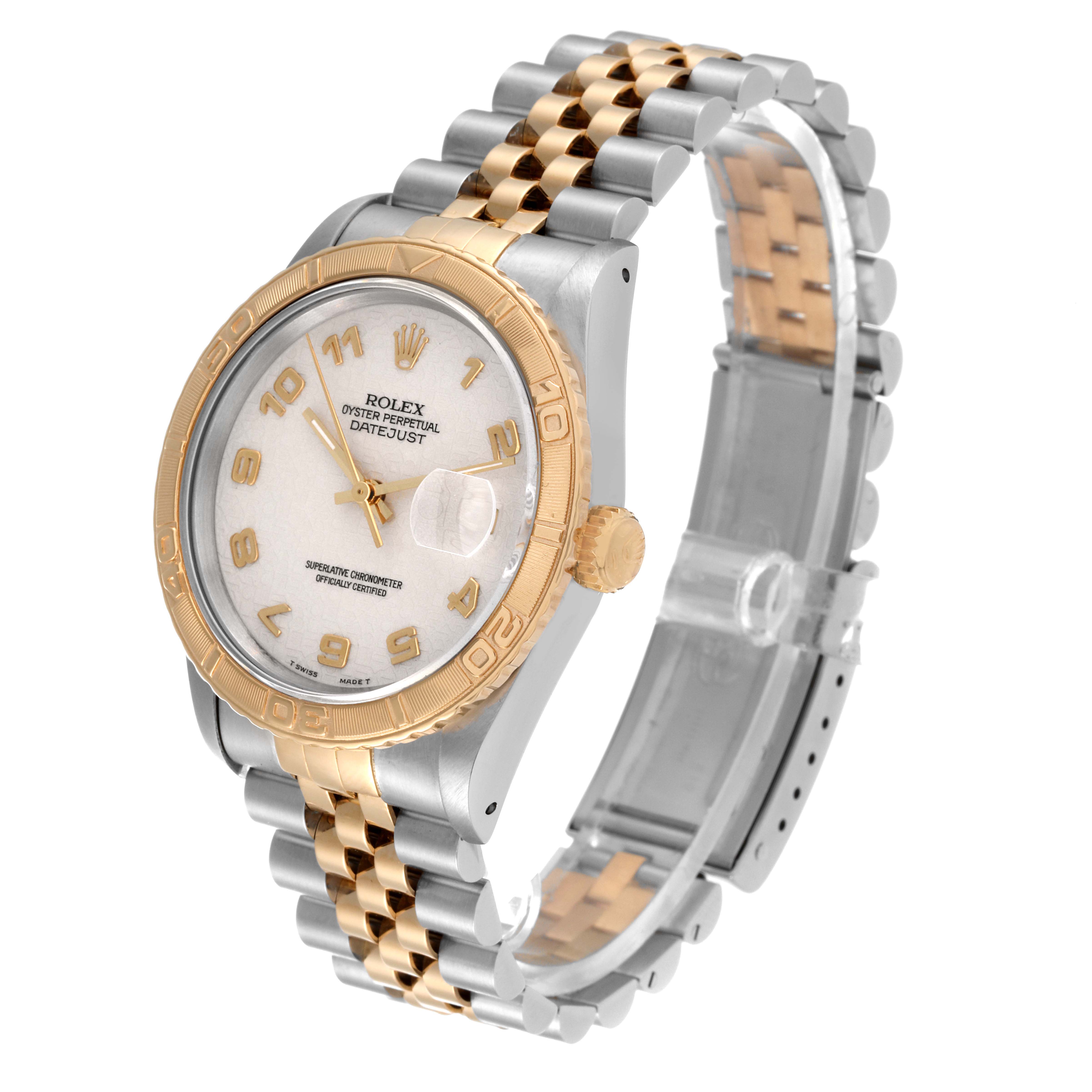 The Rolex Turn-o-Graph 16263 Men's Steel and Gold (two tone) Beige Dial 16263 Men's Steel and Gold (two tone) Beige Dial watch is shown at an oblique angle featuring the face, bezel, crown, and two-tone bracelet.