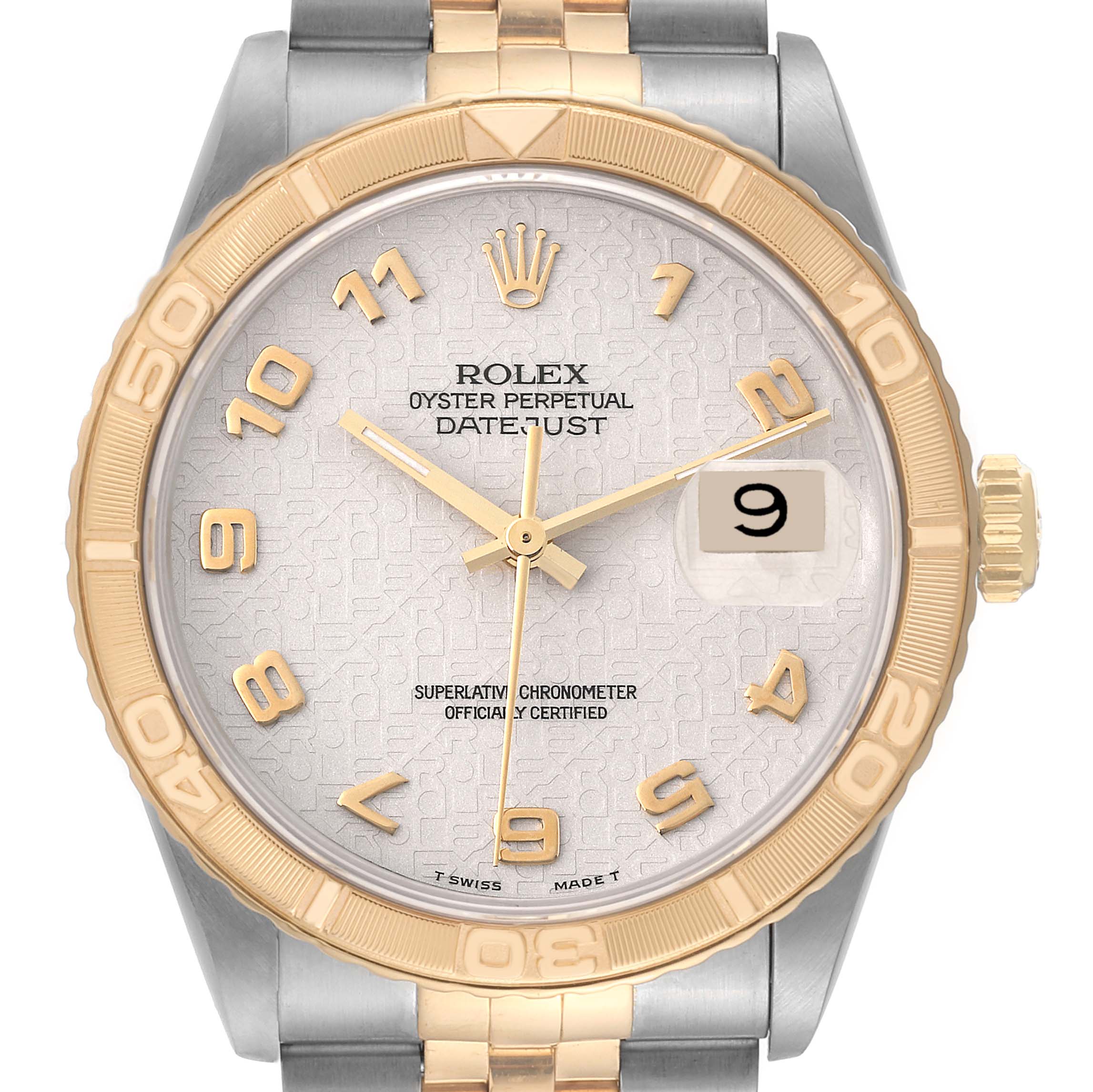 This image shows a front-facing view of a Rolex Turn-o-Graph 16263 Men's Steel and Gold (two tone) Beige Dial 16263 Men's Steel and Gold (two tone) Beige Dial watch, featuring the dial, hands, bezel, crown, and bracelet.