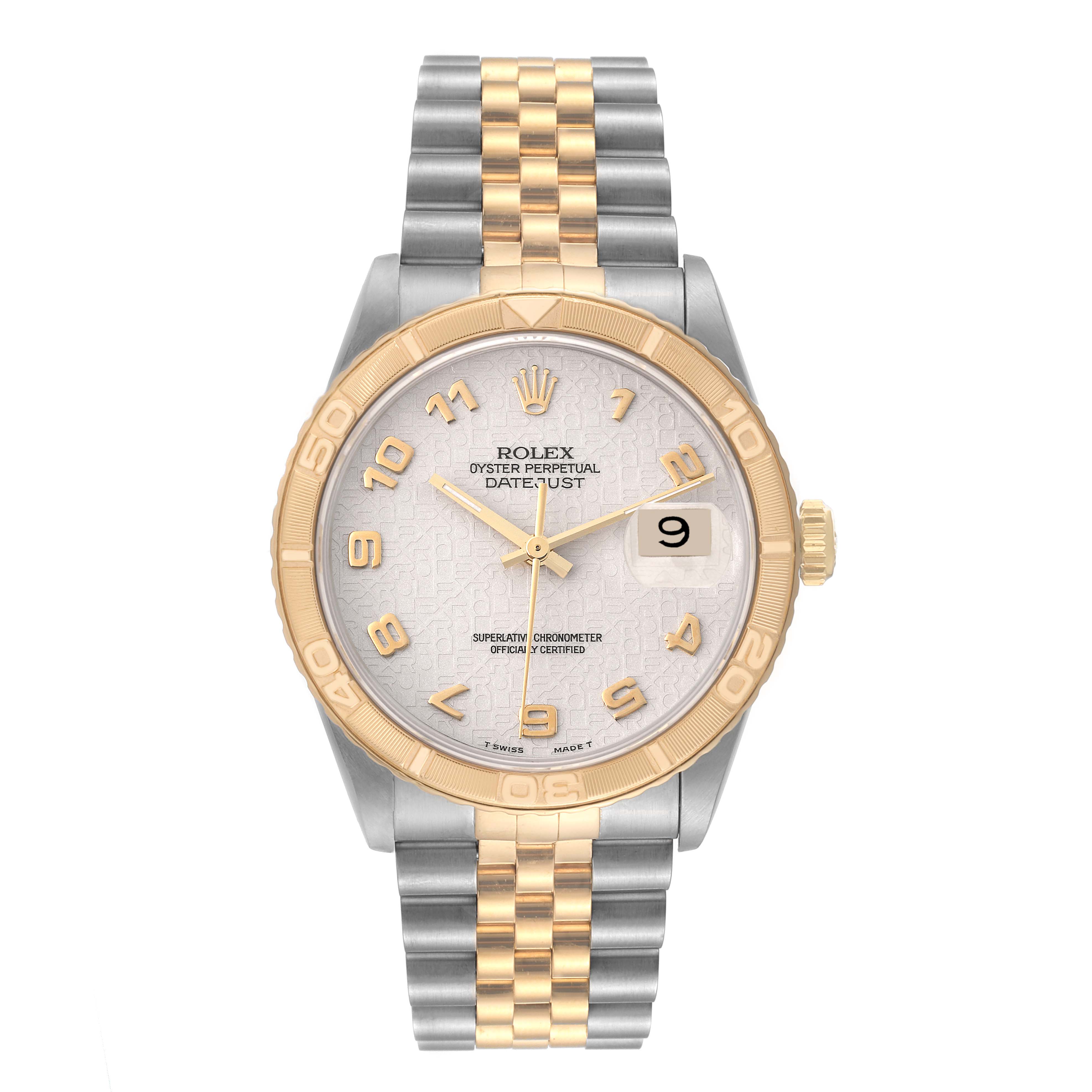 The Rolex Turn-o-Graph 16263 Men's Steel and Gold (two tone) Beige Dial 16263 Men's Steel and Gold (two tone) Beige Dial model is shown from a front angle, highlighting its face, bezel, and bracelet.