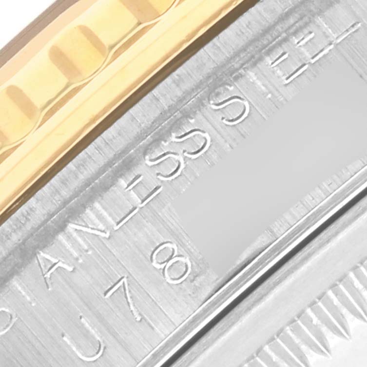 The image shows a close-up of the bezel and part of the stainless steel case on a Rolex Turn-o-Graph 16263 Men's Steel and Gold (two tone) Champagne Dial 16263 Men's Steel and Gold (two tone) Champagne Dial watch.