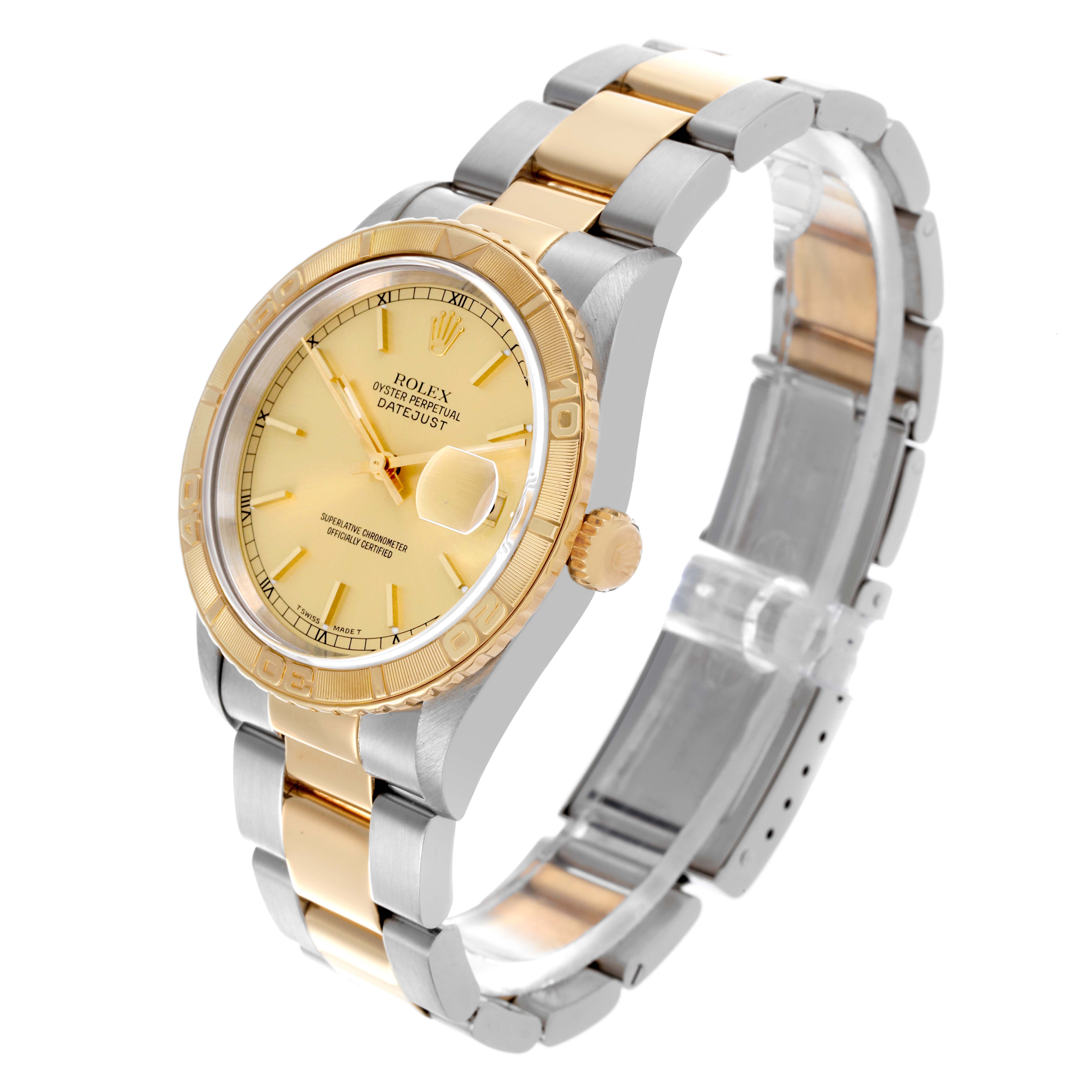 The Rolex Turn-o-Graph 16263 Men's Steel and Gold (two tone) Champagne Dial 16263 Men's Steel and Gold (two tone) Champagne Dial watch is shown at a three-quarter angle, highlighting the bezel, dial, and two-tone bracelet.