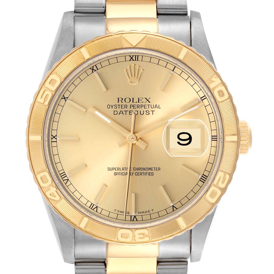 The Rolex Turn-o-Graph watch is shown from the front, highlighting the dial, bezel, and bracelet.