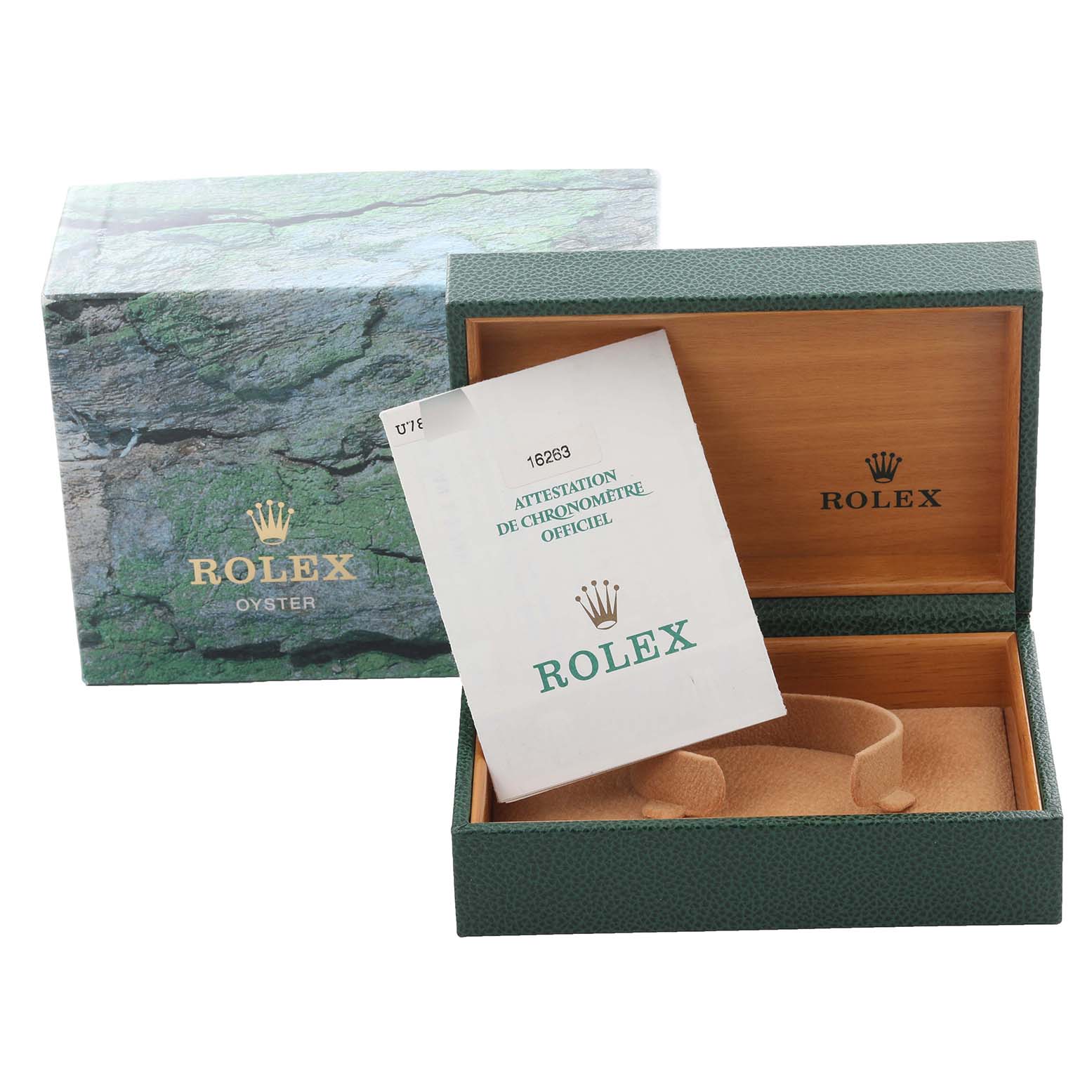 The image shows the box and certificate for a Rolex Turn-o-Graph 16263 Men's Steel and Gold (two tone) Champagne Dial 16263 Men's Steel and Gold (two tone) Champagne Dial; the watch itself is not visible.