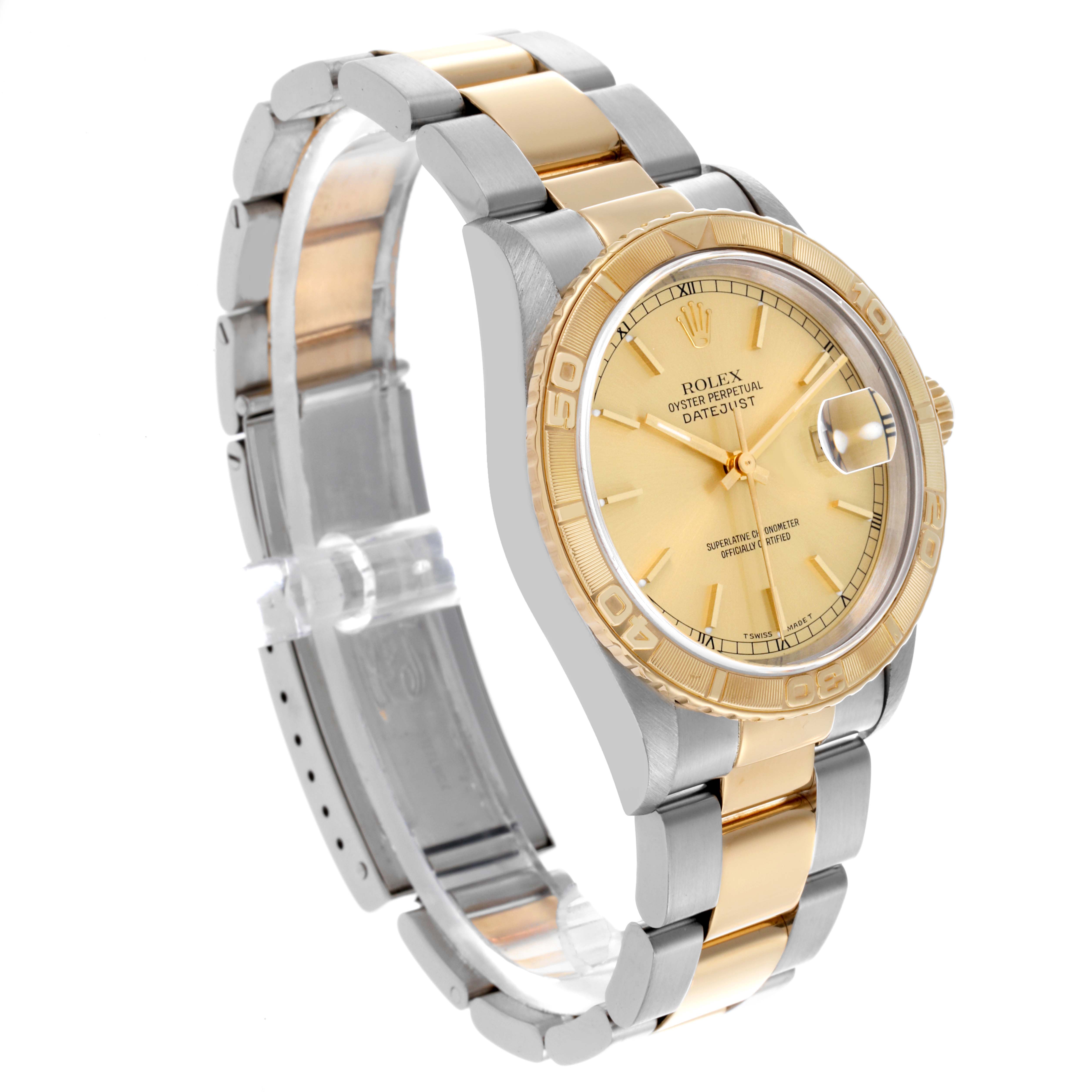 The Rolex Turn-o-Graph 16263 Men's Steel and Gold (two tone) Champagne Dial 16263 Men's Steel and Gold (two tone) Champagne Dial watch is shown at a three-quarter angle, highlighting the bracelet, dial, bezel, and case.