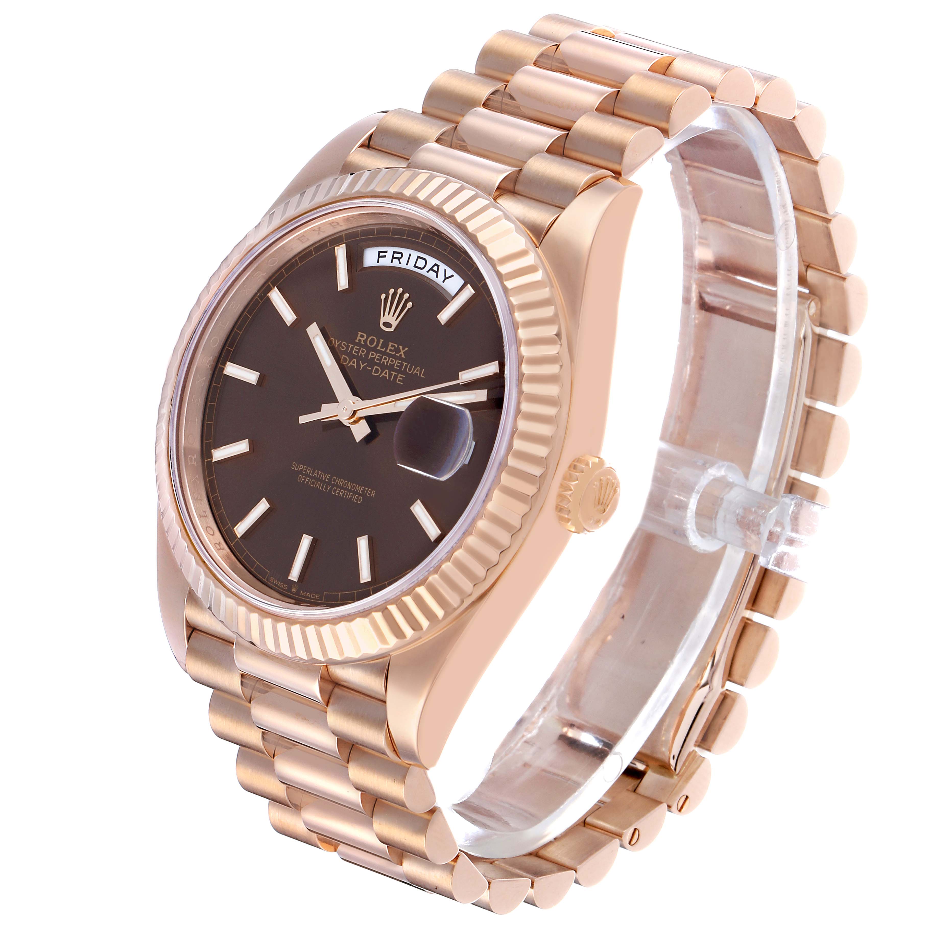 The Rolex President 228235 Men's Rose Gold Brown Dial model watch is shown at a three-quarter angle, highlighting the face, fluted bezel, and bracelet.
