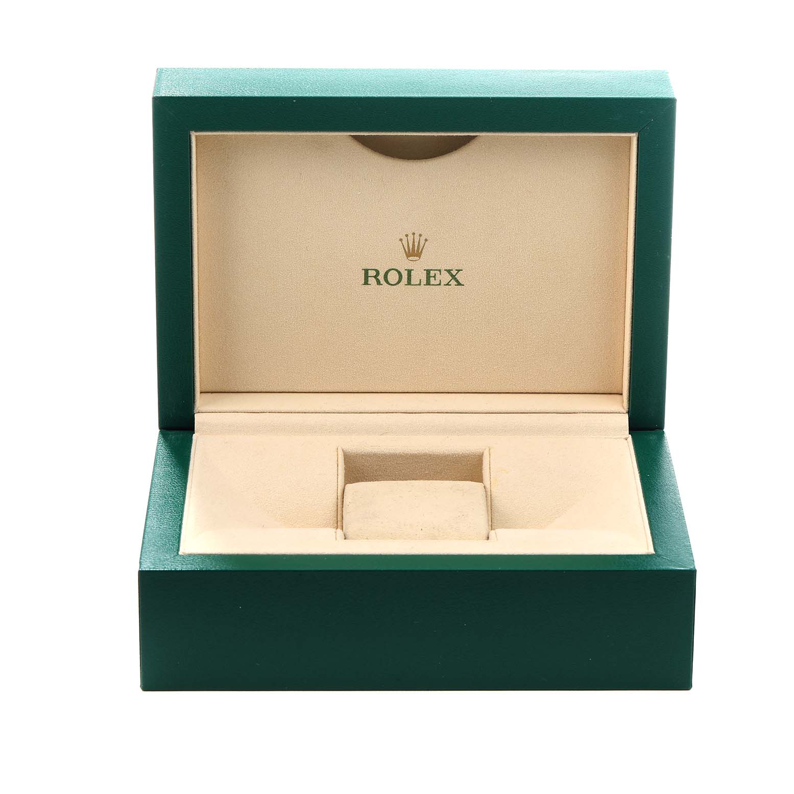 The image shows an open Rolex President 228235 Men's Rose Gold Brown Dial watch box, viewed from the front, highlighting the interior and brand logo.