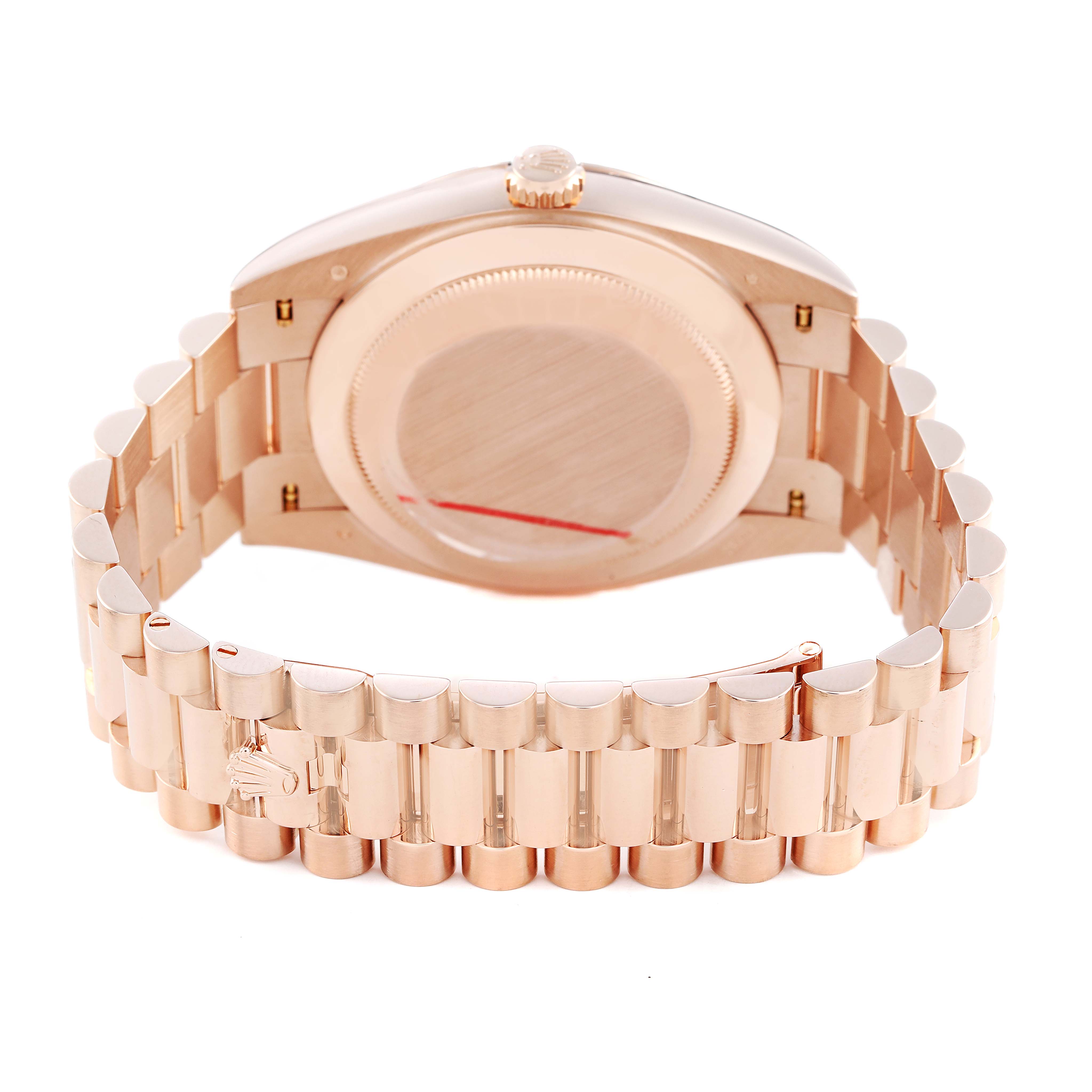 The Rolex President 228235 Men's Rose Gold Brown Dial model is shown from the back, focusing on the case back and bracelet.