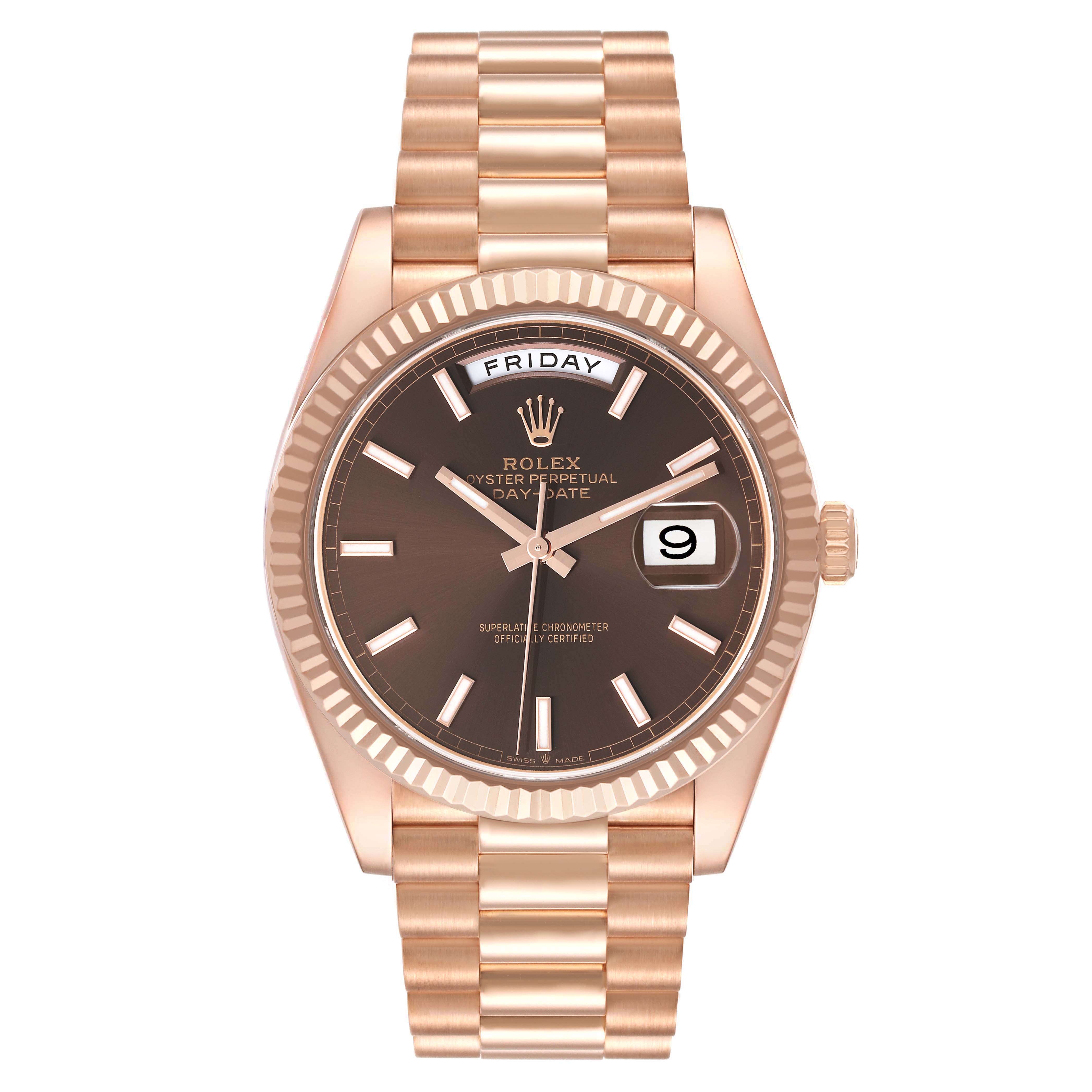The Rolex President 228235 Men's Rose Gold Brown Dial model watch is shown in a front view, displaying its dial, bezel, bracelet, day, and date features.