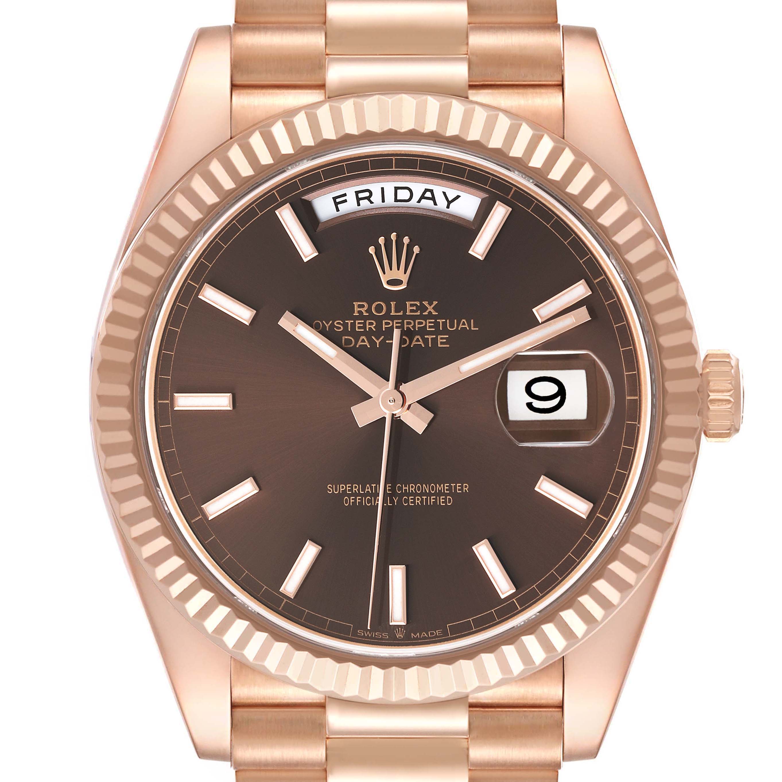 The Rolex President 228235 Men's Rose Gold Brown Dial watch is shown head-on, displaying the face, dial, bezel, crown, and part of the bracelet.